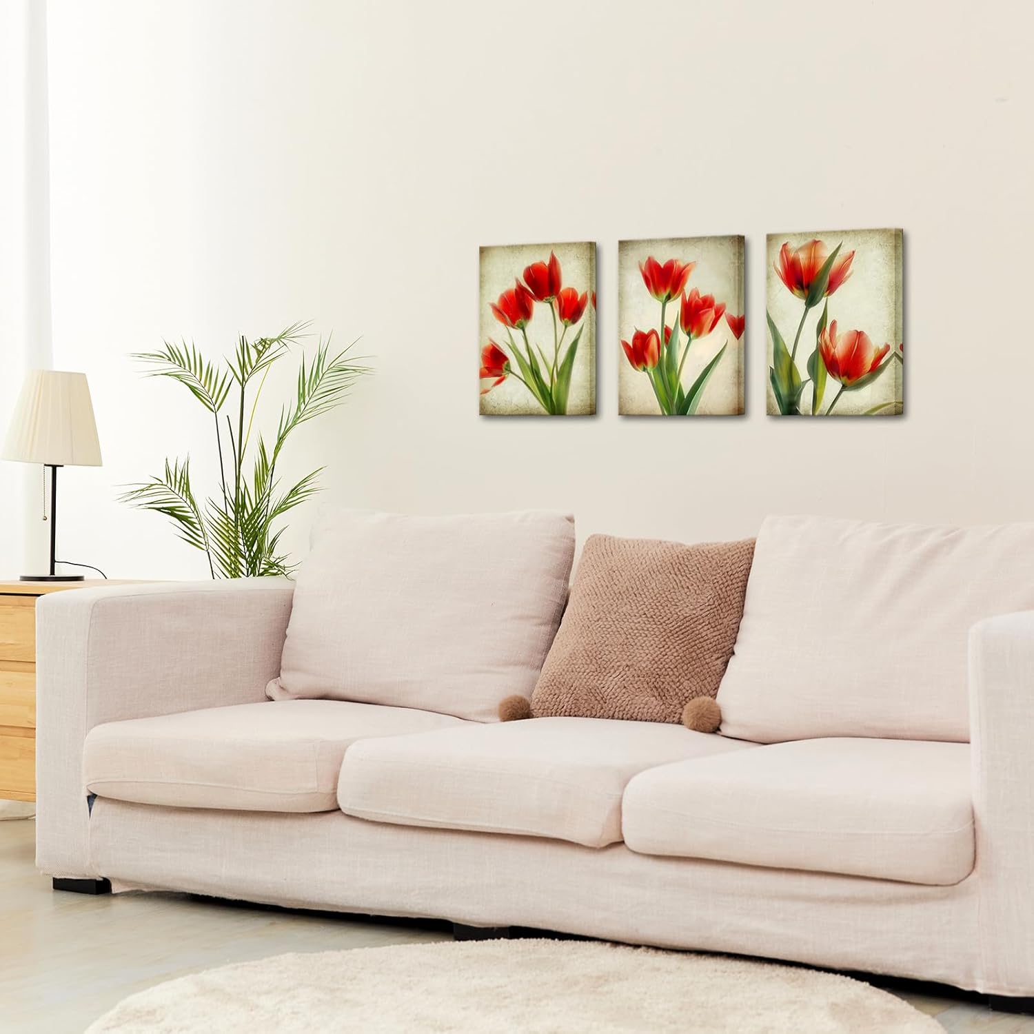 VANSEEING 3 Pieces Tulip Flower Wall Art Canvas Prints Vintage Red Floral Botanical Painting Rustic Pictures Wall Decor for Bedroom Bathroom Dining Room 12"x16"x3