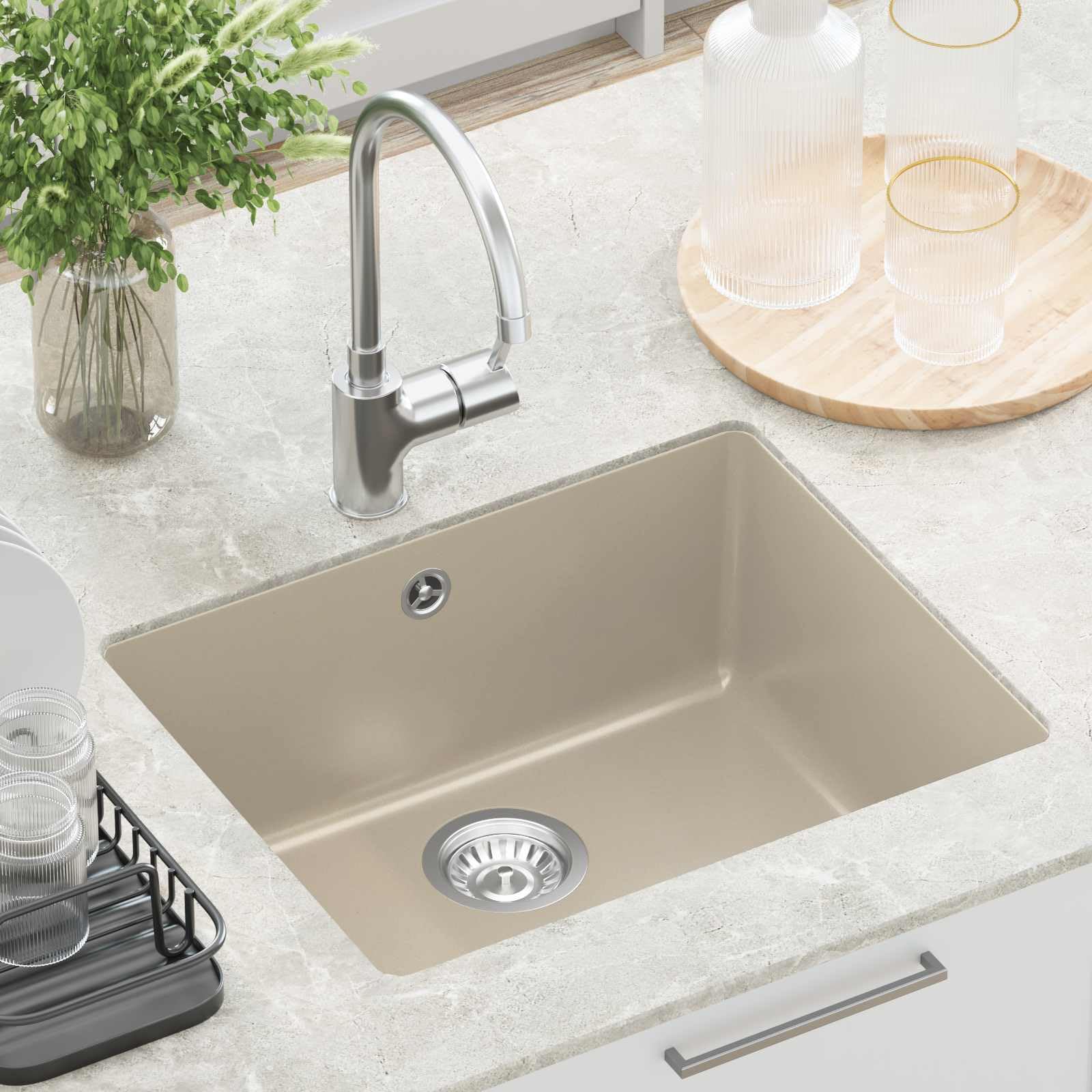 Fregadero de cocina beige de 530 x 460 mm, 80% cuarzo, 20% resina, fregadero empotrable con desagüe, juego de accesorios y rejilla para cestas, fregadero de granito resistente a los arañazos