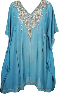 Mogul Interior Women's Short Kaftan Dress Blue Georgette Sequin Swim Cover Up Kaftan OneSize