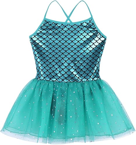 Miniatura 3 de Disfraz de sirena brillante para niñas, escamas de pez, espalda cruzada, leotardo tutú, ropa de baile, vestido de princesa