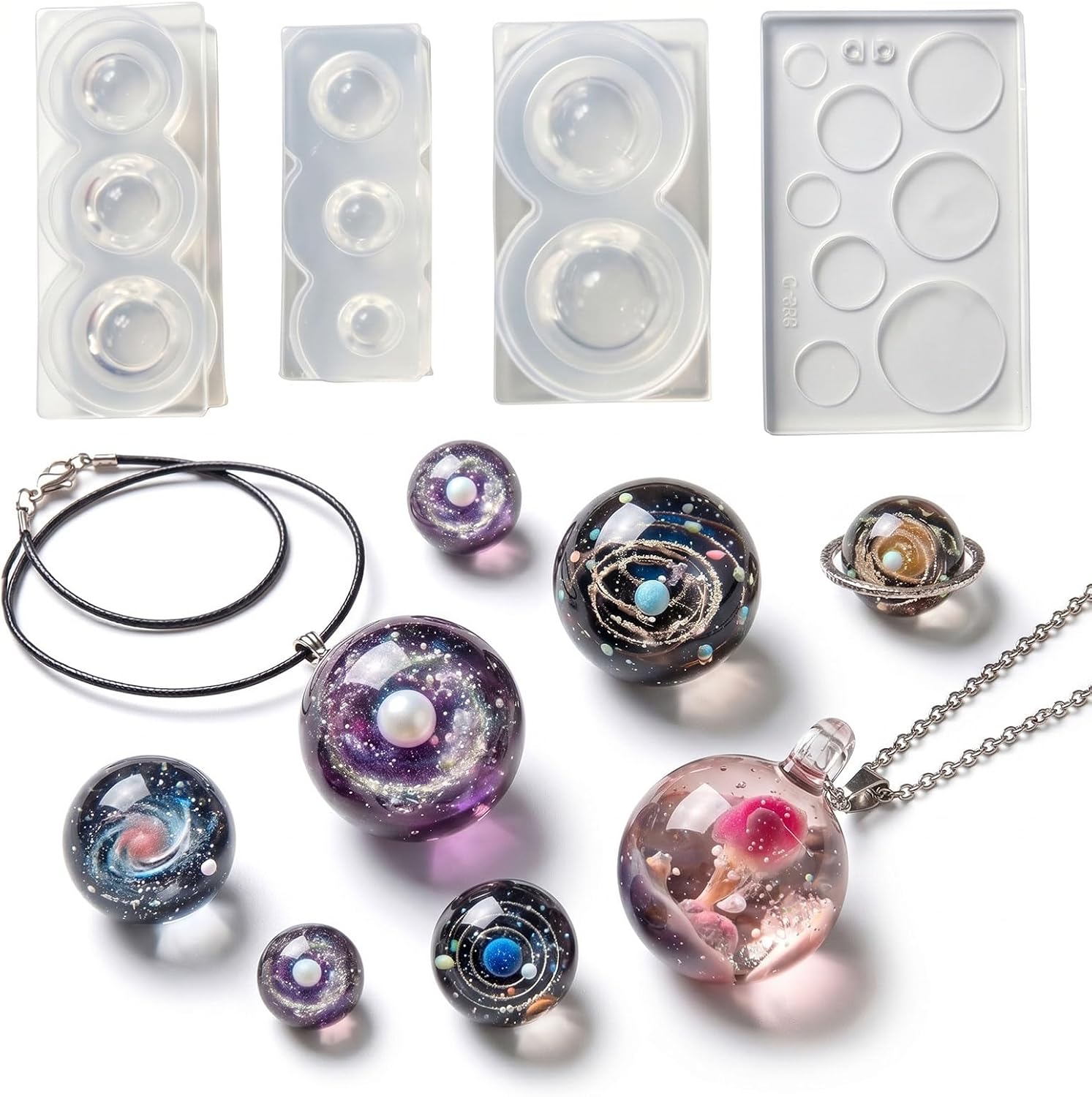 4Pcs Sphere Silicone Resin Molds Set, 8 Sizes Hollow Quicksand Ball Epoxy Resin Casting Molds, 3D Cosmic Planet Resin Molds with Base Plate, for DIY Galaxy Jewelry, Pendant, Earrings, Keychain Making
