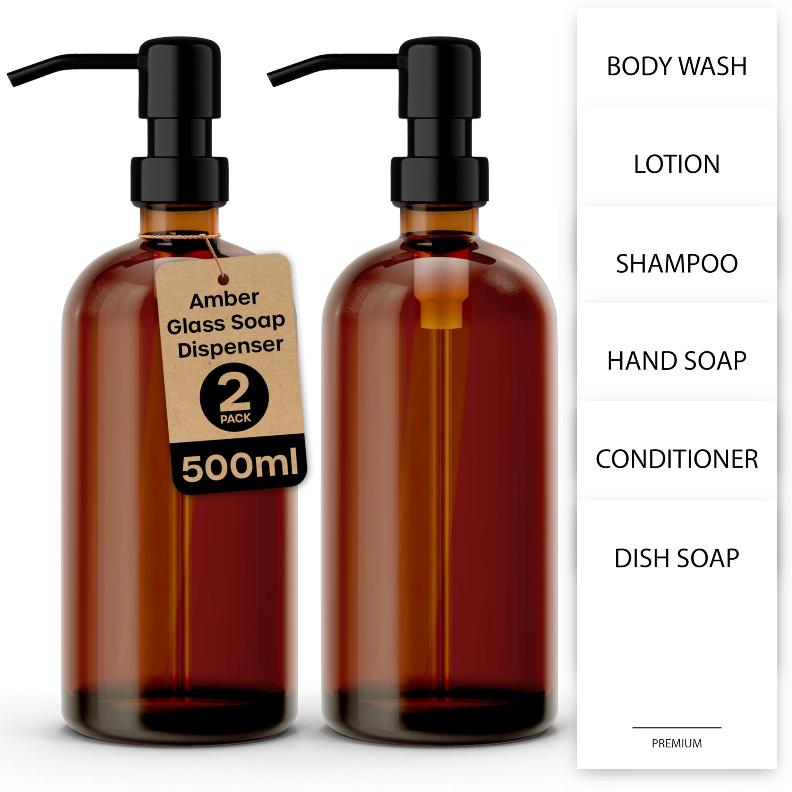 volila Glass Soap Dispenser - 500 ML Brown Glass bottles with Pump - Amber Glass Soap dispensers for Conditioner, Shampoo or Hand Soap - Glass Pump Bottle Dispenser for Bathroom or Kitchen (2 Pack)