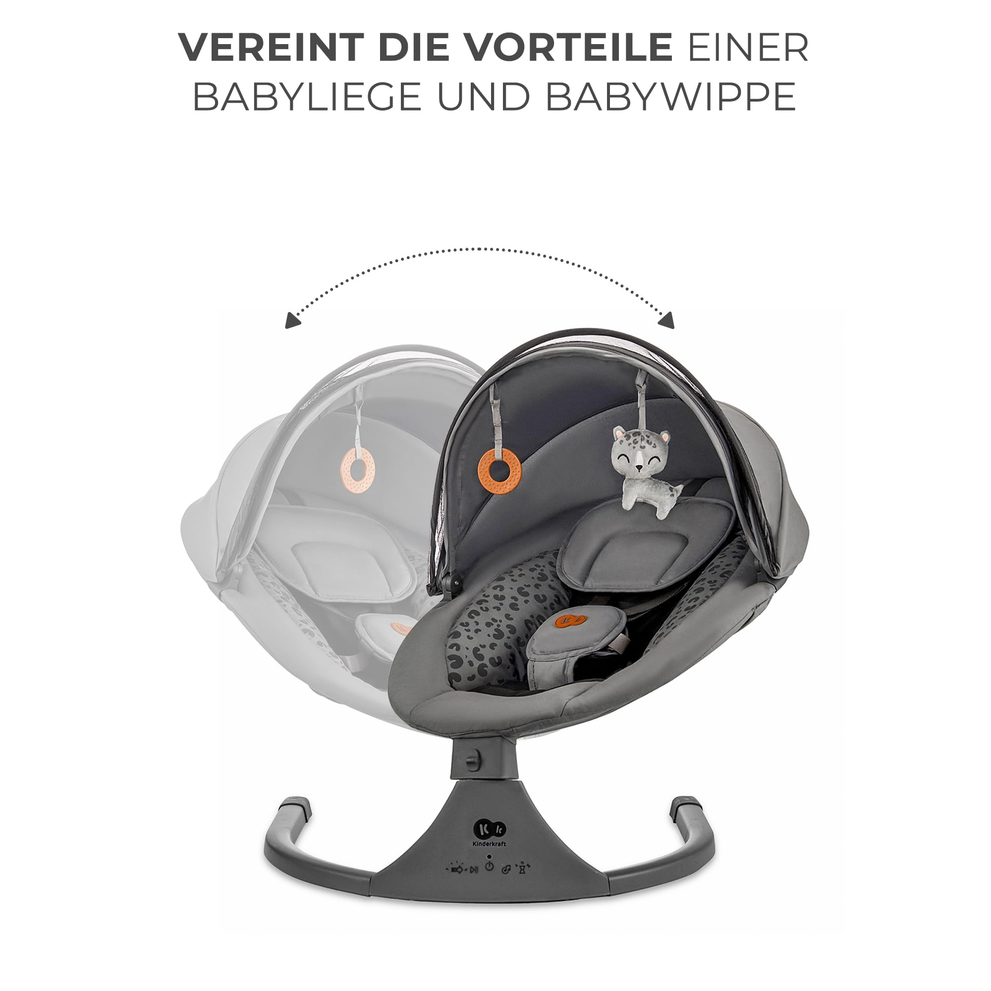 Kinderkraft LUMI 2 Babywippe, Elektrische Babyschaukel, Von der Geburt bis 9 Monate, Höhenverstellbar, 5 Schaukelmodi, 12 Melodien, Bogen mit Spielzeug, Dunkelgrau