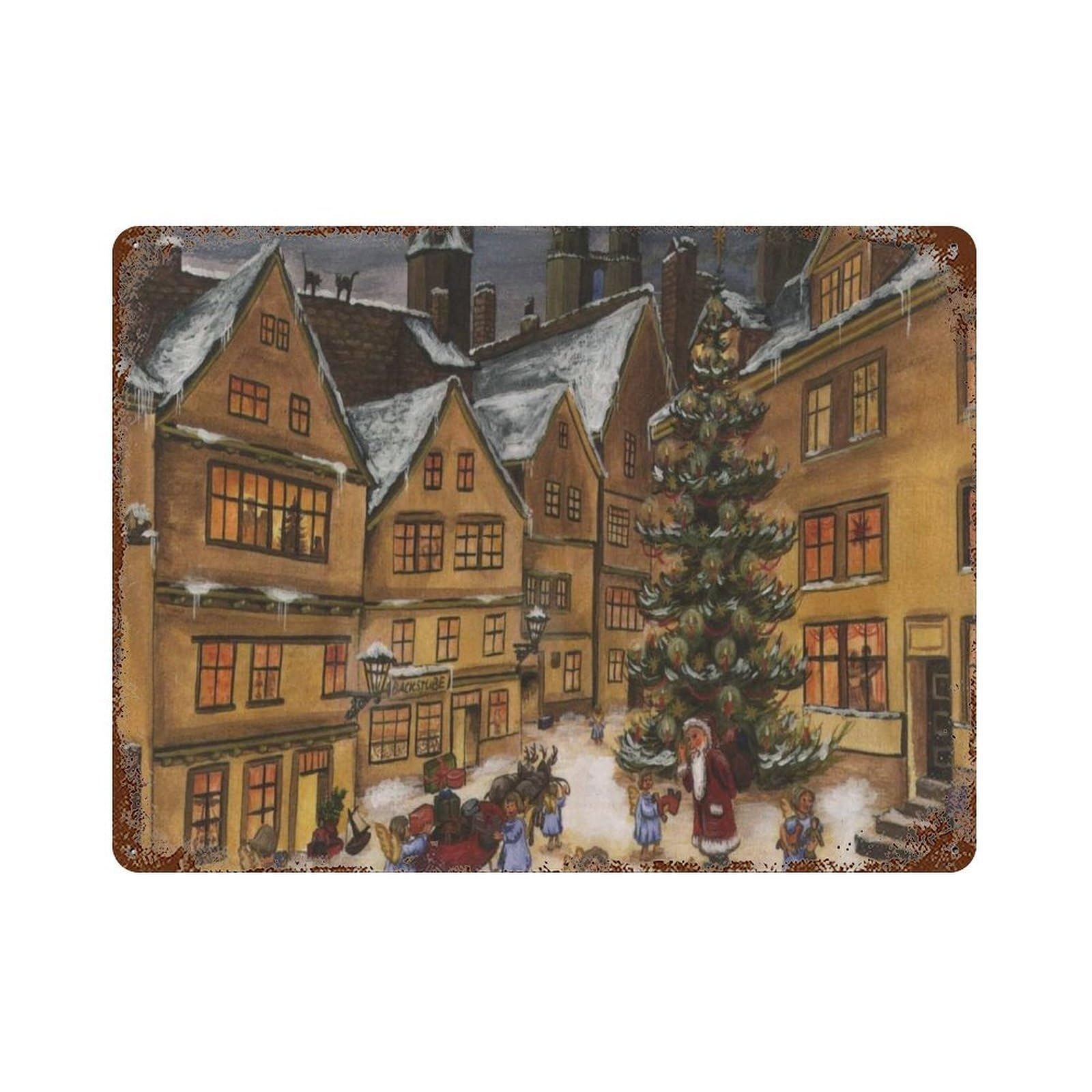xiaoxiaoshen Christmas Village Winter Small Town Holiday Square Snowy Painting Wall Decor Art Metal Tin Poster Modern Home Decor Art Home Bar Shop Decorations Vintage Sign 30x40cm