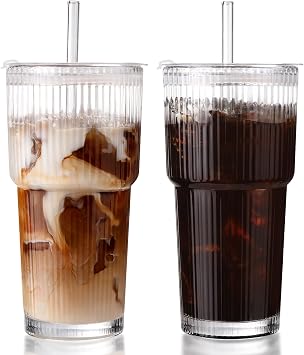 DWTS DANWEITESI Iced Coffee Cups with Lids 2Pcs Ribbed Glass Tumbler with Straw and Lid 20oz-Vintage Glass Cups with Lids and Straws-Tumbler Leak Proof Aesthetic Drinking for Coffee Bar Accessories