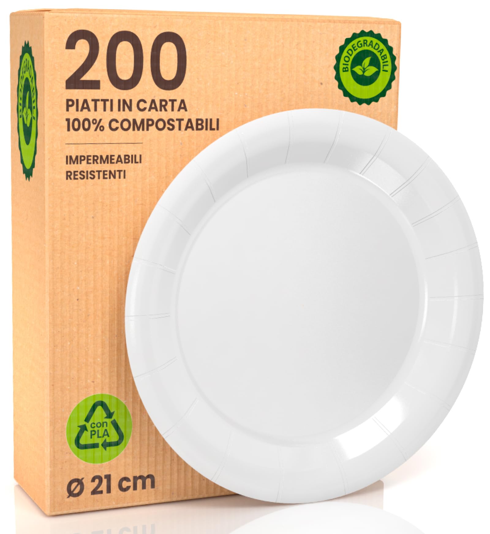 200 Piatti in Bioplastica Monouso 100% Ecologici - Diametro 21 cm - Ultra Resistenti e Rigidi in Bioplastica (PLA) - Biodegradabili e Compostabili - Perfetti per Picnic, Barbecue e Feste – Bianco