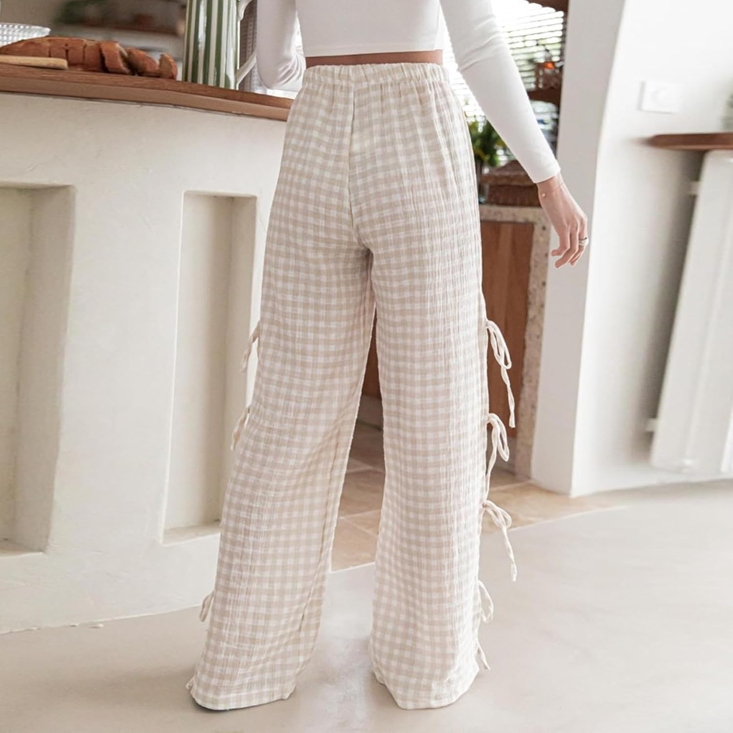 Y2K Gingham Pants for Women Bow Tie Side Slit Wide Leg Lounge Bottom Plaid Checkered Loose Fit Going Out Pants - Image 4