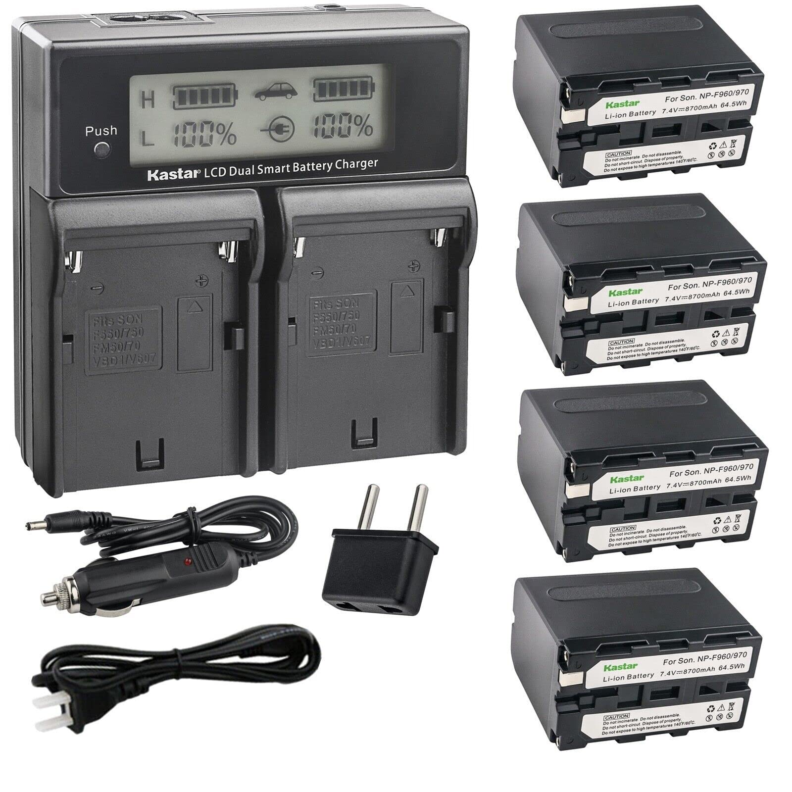 Kastar 4-Pack NP-F970 Battery and CH04 Dual Fast Charger Compatible with Sony CCD-TRV615 CCD-TRV62 CCD-TRV65 CCD-TRV66 CCD-TRV67 CCD-TRV68 CCD-TRV71 CCD-TRV715 CCD-TRV716 CCD-TRV72 CCD-TRV720 Camera