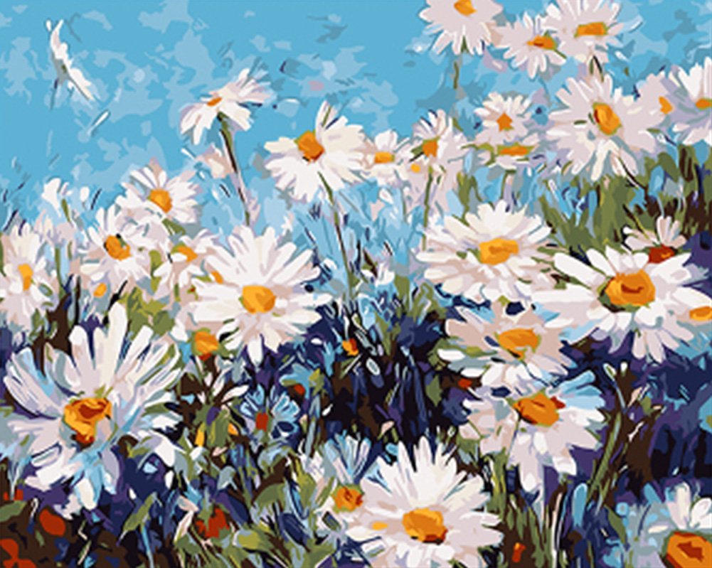 WOWDECOR Paint by Numbers Kits, DIY Number Painting - Wild White Daisies Flowers 40 x 50 cm - New Stamped Canvas (Framed) — image 1