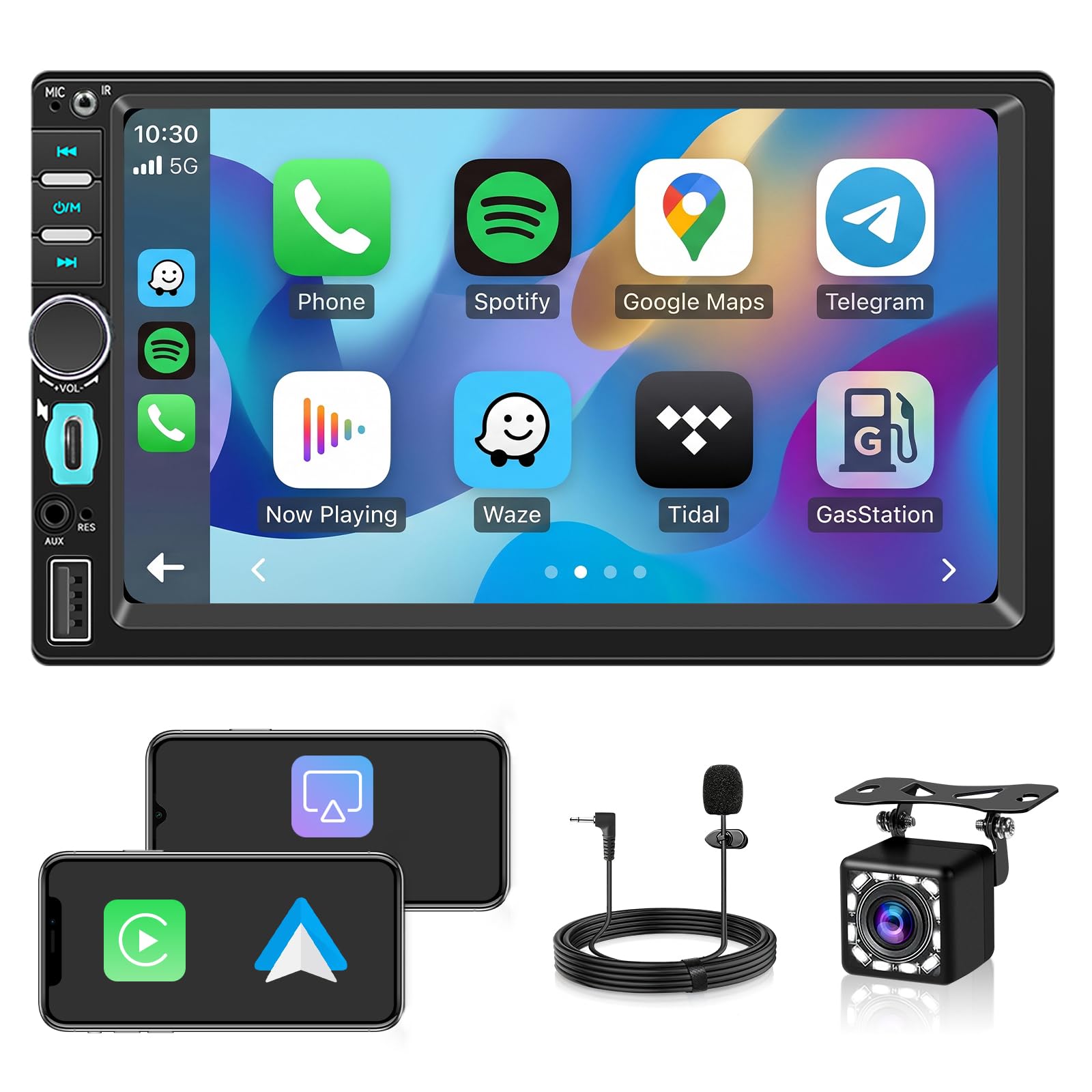Autoradio 1 DIN con Schermo, CarPlay & Android Auto Wireless | 7 Pollici Bluetooth Stereo Auto Touchscreen,Mirror Link, FM, Telecamera Posteriore, Navigazione GPS, Type-C, SWC