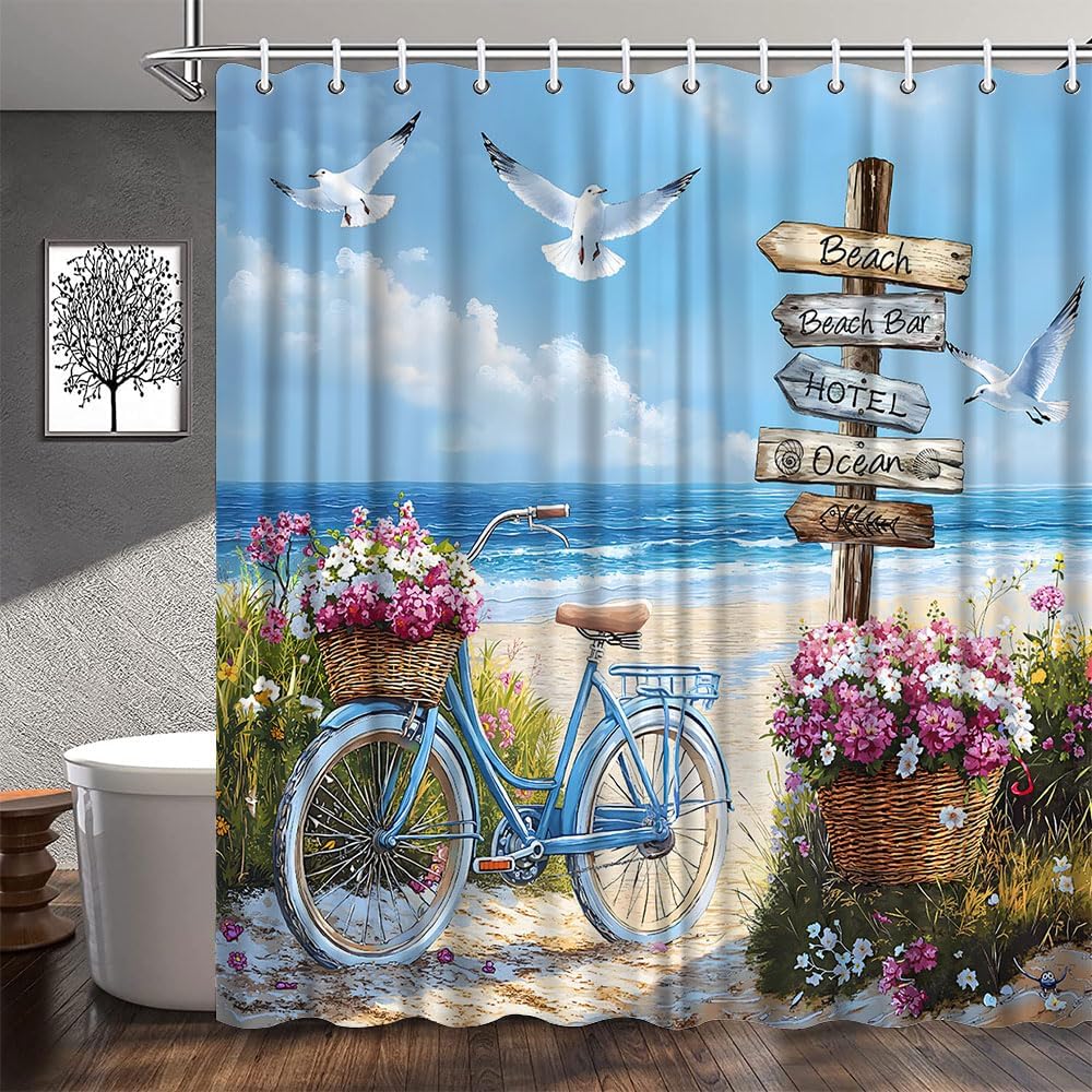 Ocean Beach Bicycle Shower Curtain Tropical Nautical Coastal Pink White Floral Green Leaves Seagull Blue Sea Wave Seasides Scenery Bathroom Decor Polyester Fabric Curtains with Hook 106Wx70H Inches