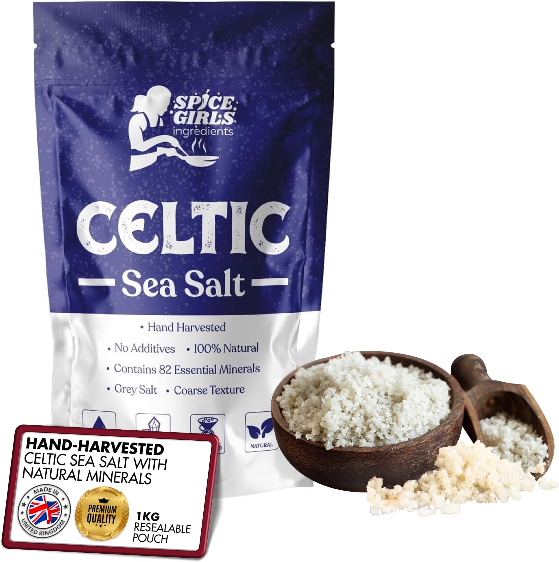 Spice Girls Ingredients Pure Celtic Sea Salt - Natural, Mineral-Rich, Unrefined, Hand-Harvested | Premium Celtic Sea Salt for Cooking, Gourmet Recipes, Wellness & Hydration Support (1kg)