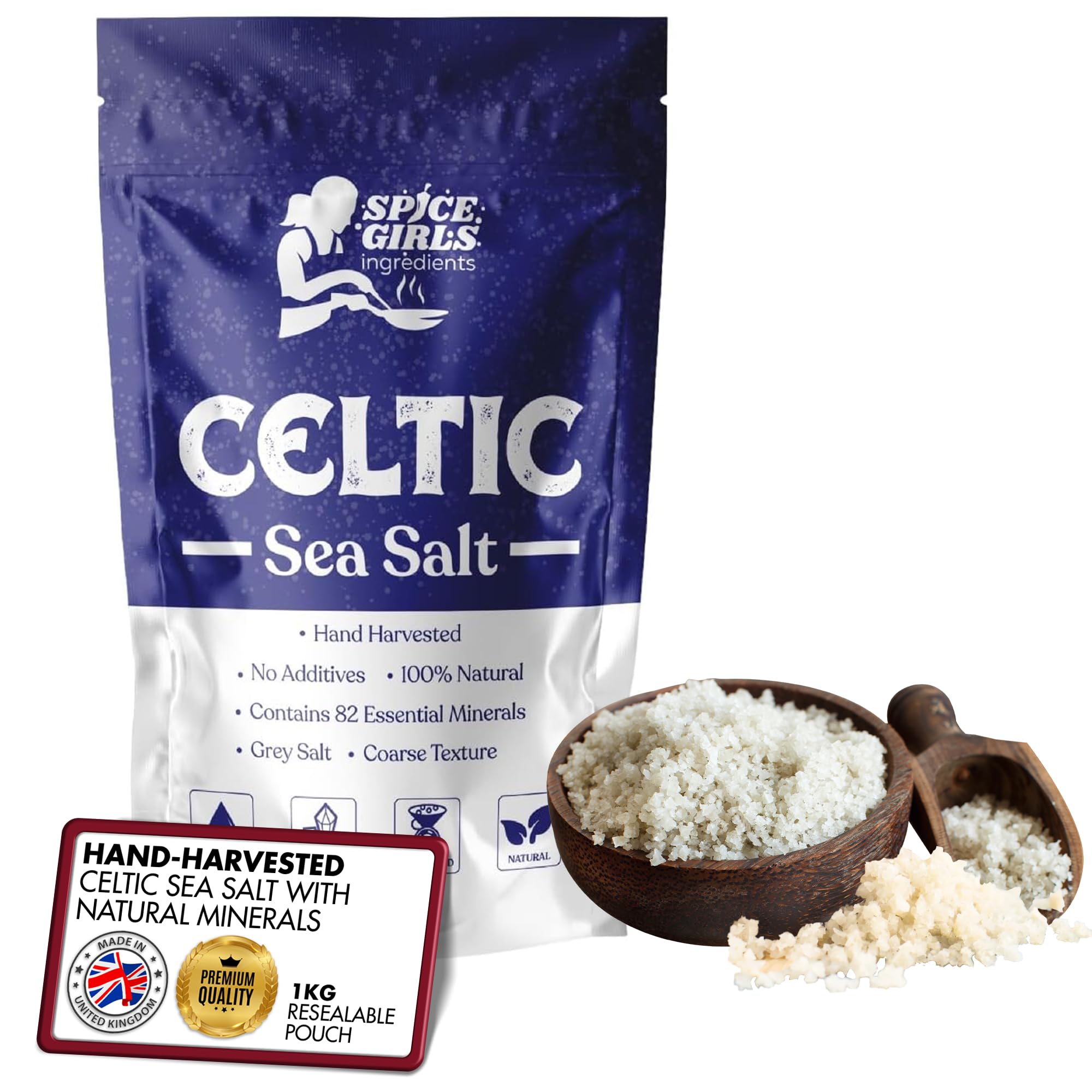 Spice Girls Ingredients Pure Celtic Sea Salt - Natural, Mineral-Rich, Unrefined, Hand-Harvested | Premium Celtic Sea Salt for Cooking, Gourmet Recipes, Wellness & Hydration Support (1kg)