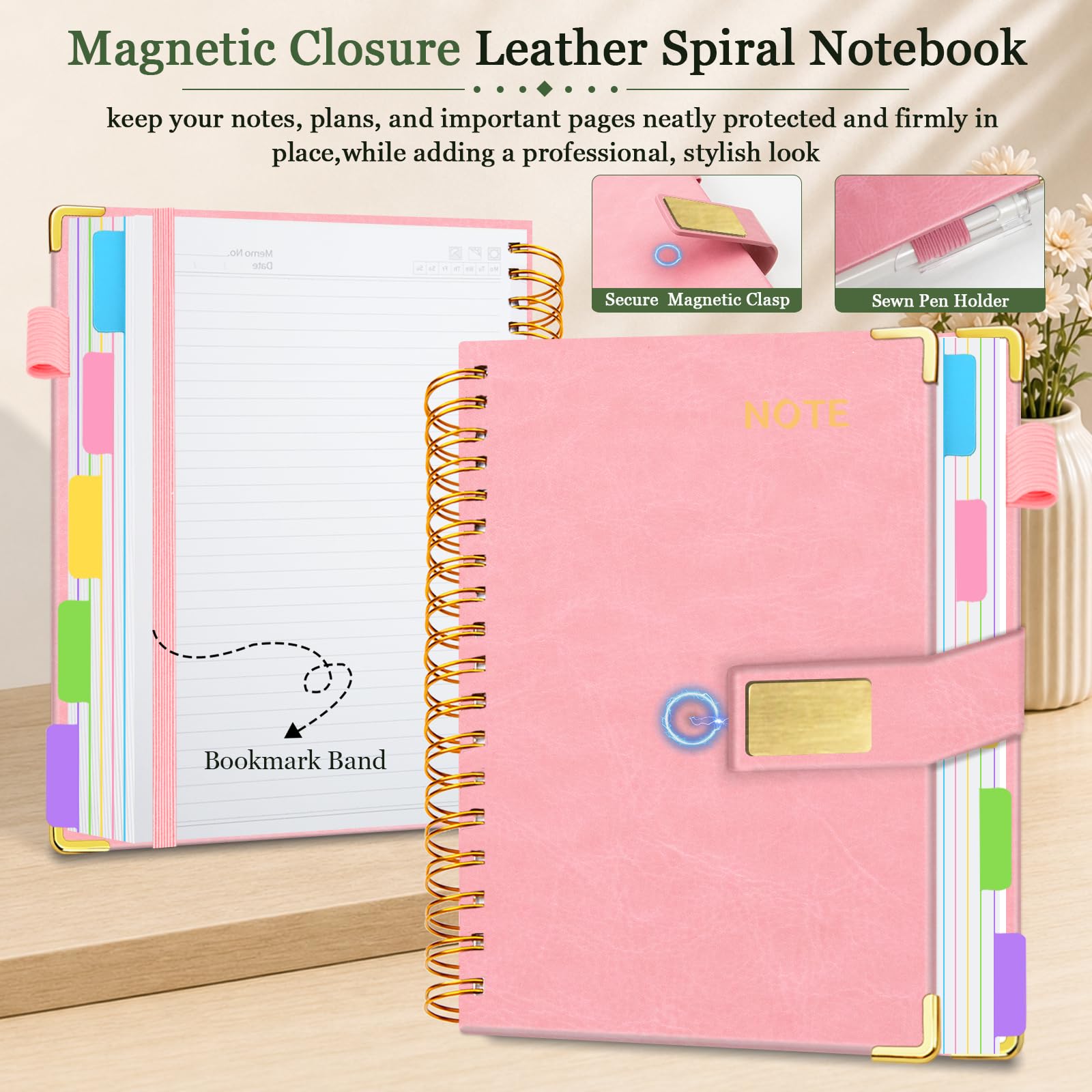 Hardcover Spiral Notebook 8''x 10'' College Ruled Notebook with Magnetic Closure, 300 Pages 5 Subject Notebooks with Pocket Dividers for Work School, B5 Leather Journal for Women, Men (Pink)