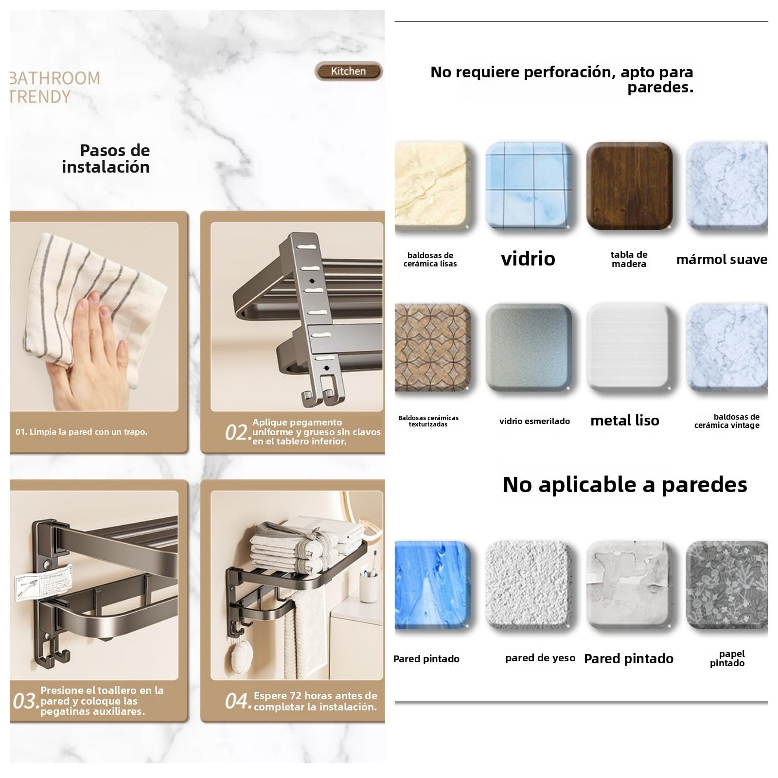 Toallero sin taladrar, toallero de baño Adhesivo, toallero de Pared con múltiples Ganchos, toallero de baño Cocina, 60 cm Gris
