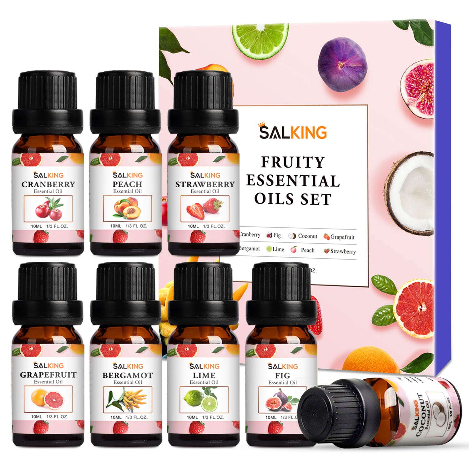 Fruity Essential Oils Set 8x10ml, Pure Essential Oils Gift Set for Diffusers, Humidfiers, Massage - Coconut, Cranberry, Grapefruit, Strawberry, Peach, Bergamot, Lime, Fig Essential Oil