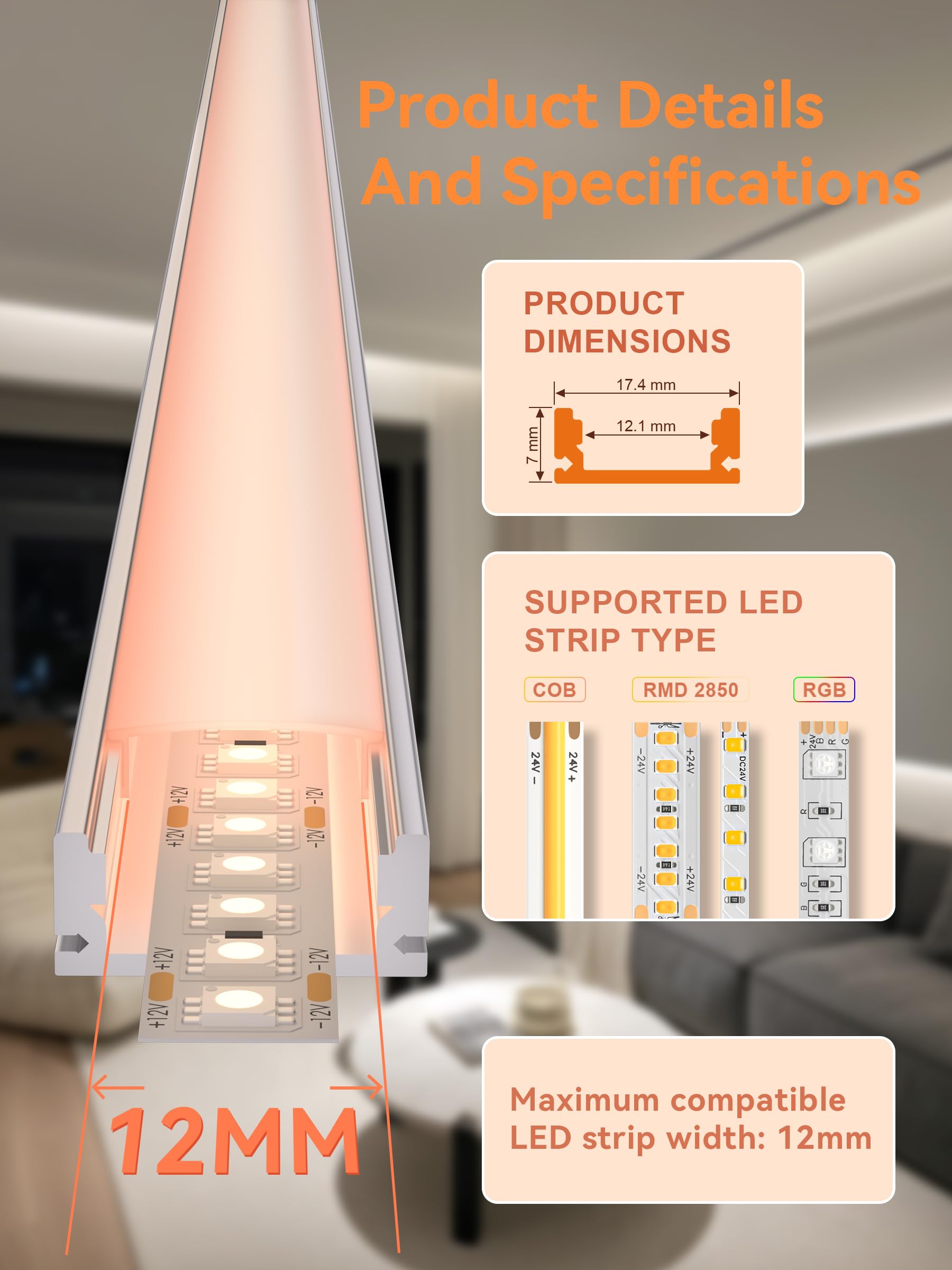 Perfil de aluminio LED carril con difusor de canal y perfil de aluminio para cinta LED perfilada en U para fácil instalación soporte LED cubierta (17,4 × 7 mm U-Form, 10 × 2 meter)