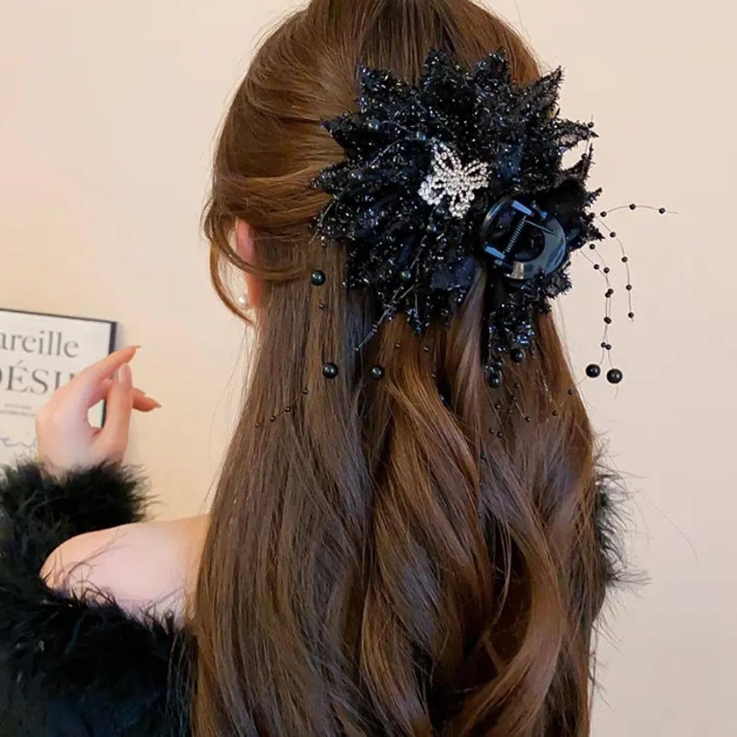 2pcs Glitter Flower Hair Claw Clips for Women Sparkly Rhinestone Butterfly Hair Clips with Pearl Tassels Non-Slip Strong Hold Hair Jaw Clips Hair Accessories for Wedding Daily Wear (Red+Black)