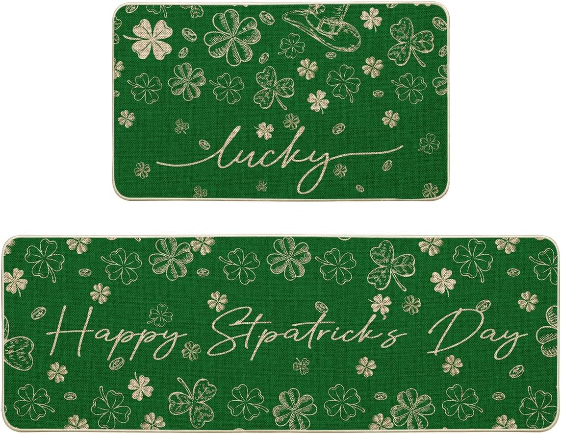 Artoid Mode Green Shamrock Clover St. Patrick's Day Kitchen Mats Set of 2, Home Decor Low-Profile Kitchen Rugs for Floor - 17x29 and 17x47 Inch