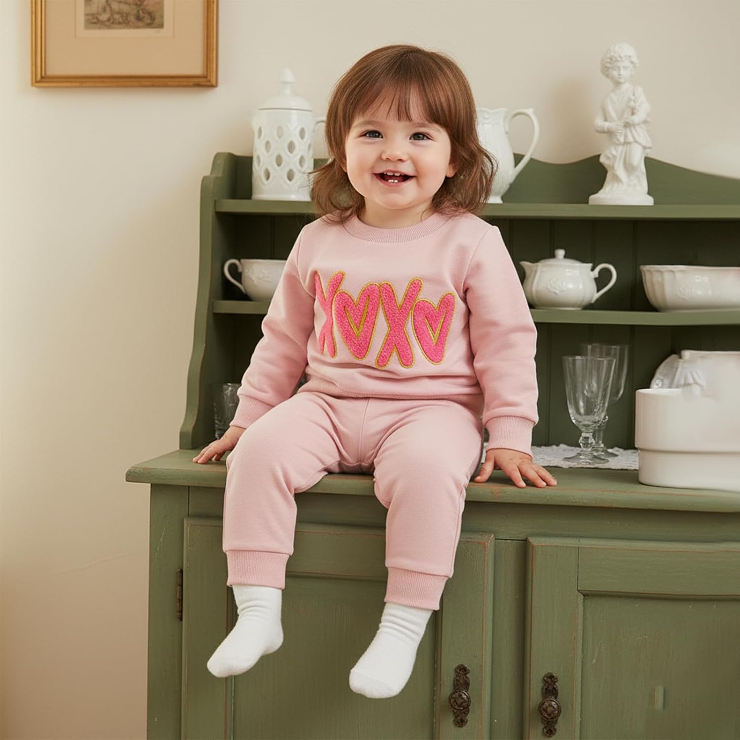 Toddler Girl Valentines Day Outfit Waffle Heart Sweatshirt Pants Set Baby Girls Spring Pullover Top Jogger Clothes - Image 2