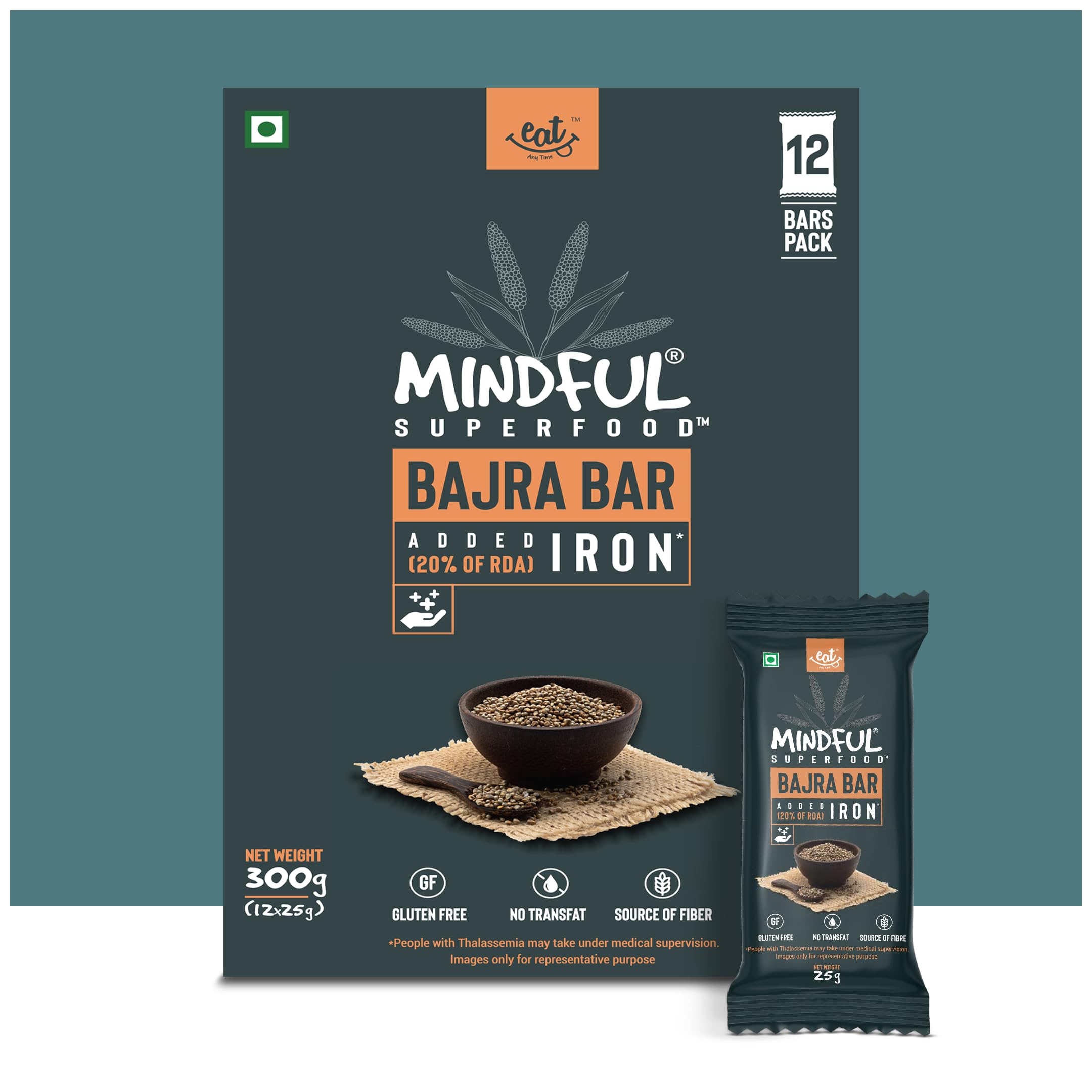 Eat Anytime Mindful Superfood Energy Bajra Bar | Gluten Free & High Fiber | Improve Digestion, Rich In Fiber | High Iron & Magnisum | Bajra Bar/Granola Bar - 300gm (12pcs. of 25g)