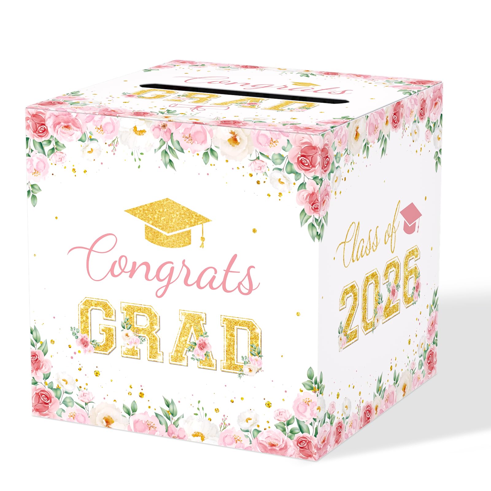 Floral Graduation Card Box 2026, Pink Flower Congrats Grad Card Holder Box, Graduation Party Money and Gift Card Box, Foldable Graduation Gift Grad Parties, 8.7 x 8.7 x 8.7 Inch