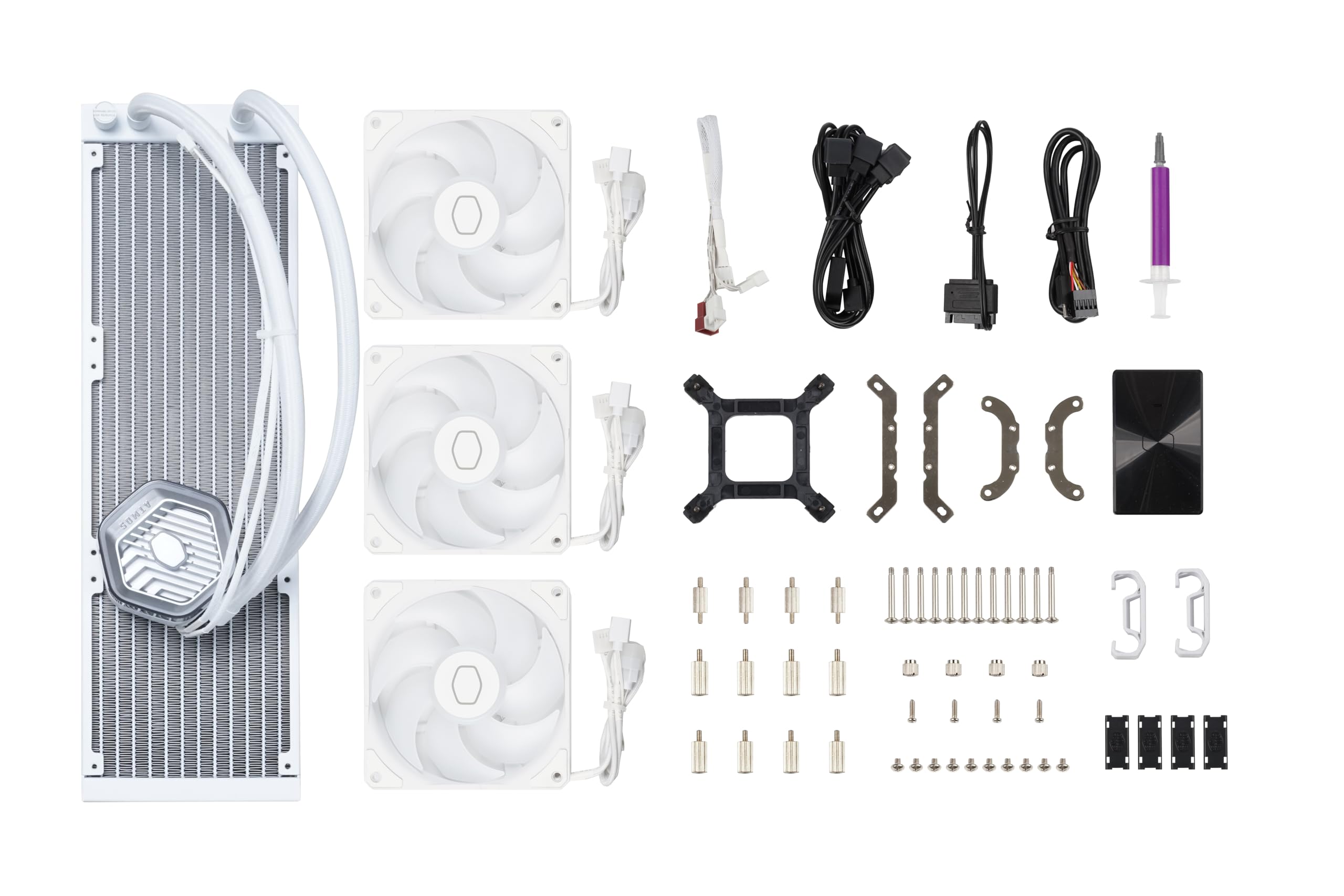 Cooler Master MasterLiquid Atmos 360 White CPU-Wasserkühler – AIO-Wasserkühlung, Doppelkammerpumpe, vorinstallierte Sickleflow 120 Edge-Lüfter, adressierbares Gen 2 RGB, LGA1700- & AM5 – Weiß