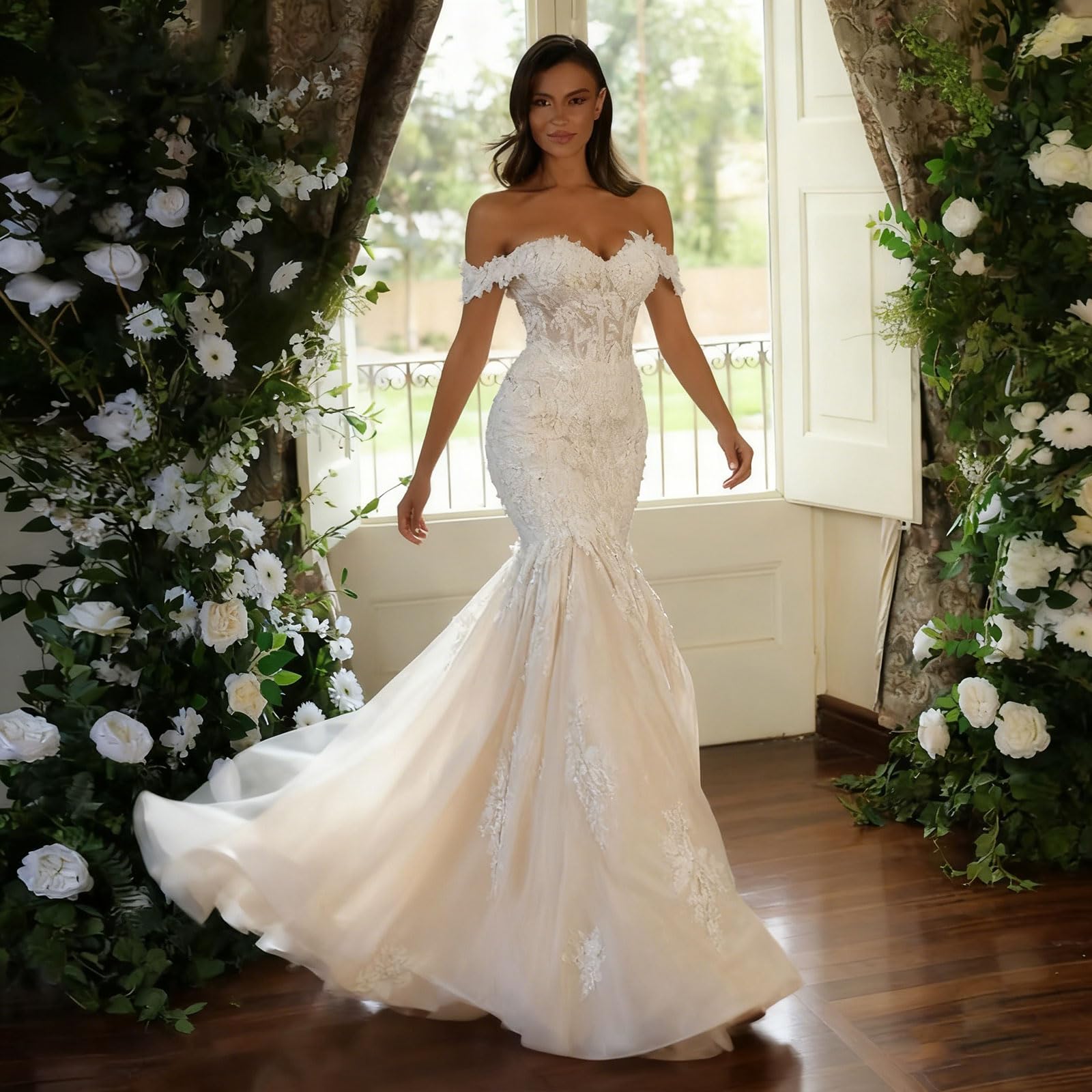 HUINI Off-Shoulder Tüll Hochzeitskleider für die Braut Meerjungfrau Spitzenapplikationen Strand Brautkleider mit Schleppe