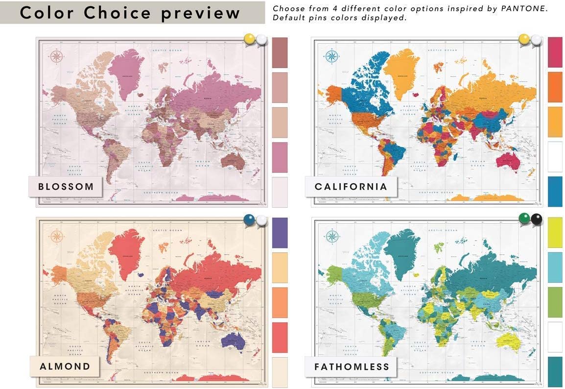 Framed world map for wall | Personalized World map Pin board With Push Pins | Mark places traveled | Detailed and Modern Travel Map With Pins up to 40" x 53" Large
