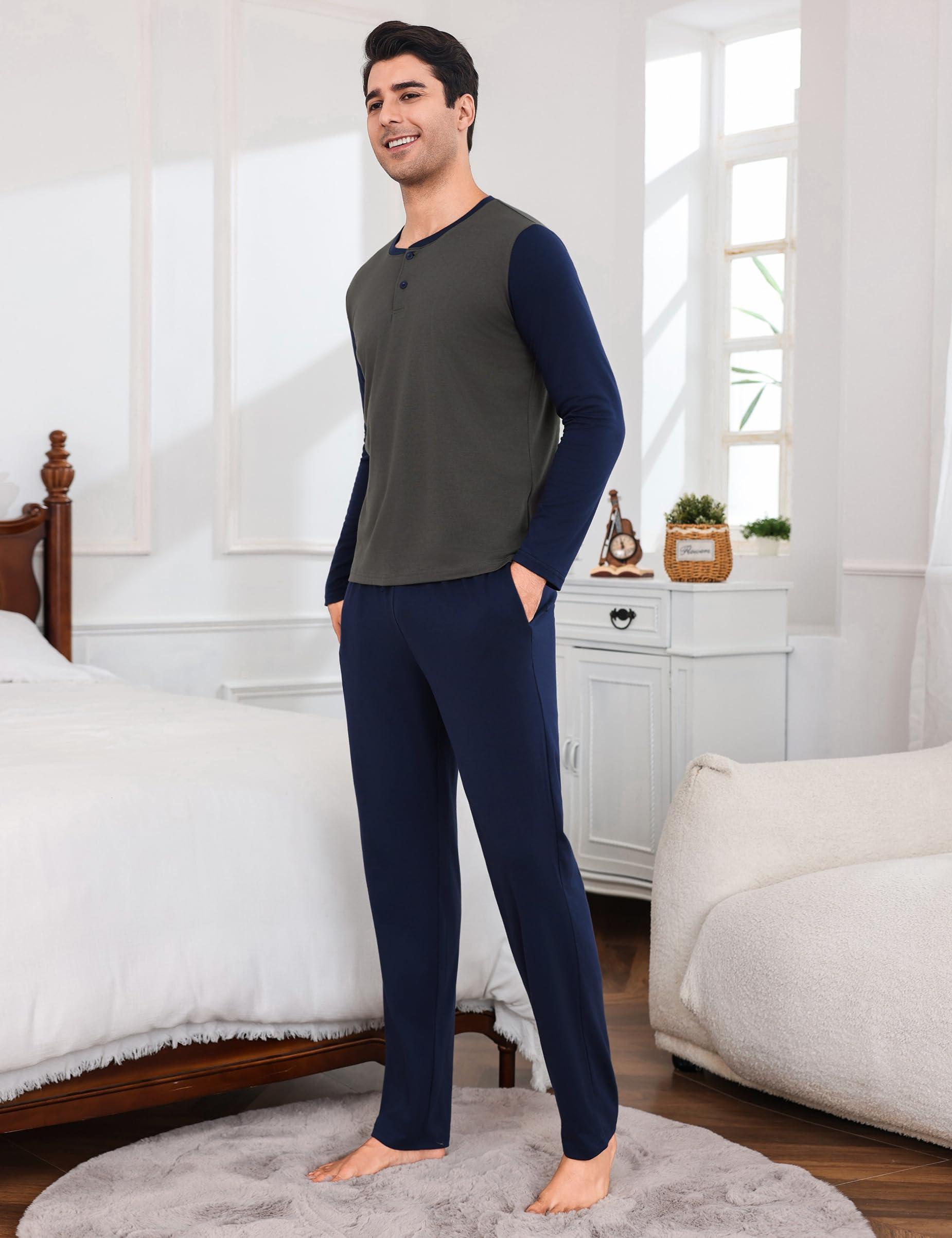 Aseniza Pigiama da Uomo Invernale, Pigiama a Maniche Lunghe in Cotone Semplice ed Elegante Pigiama Morbido Loungewear