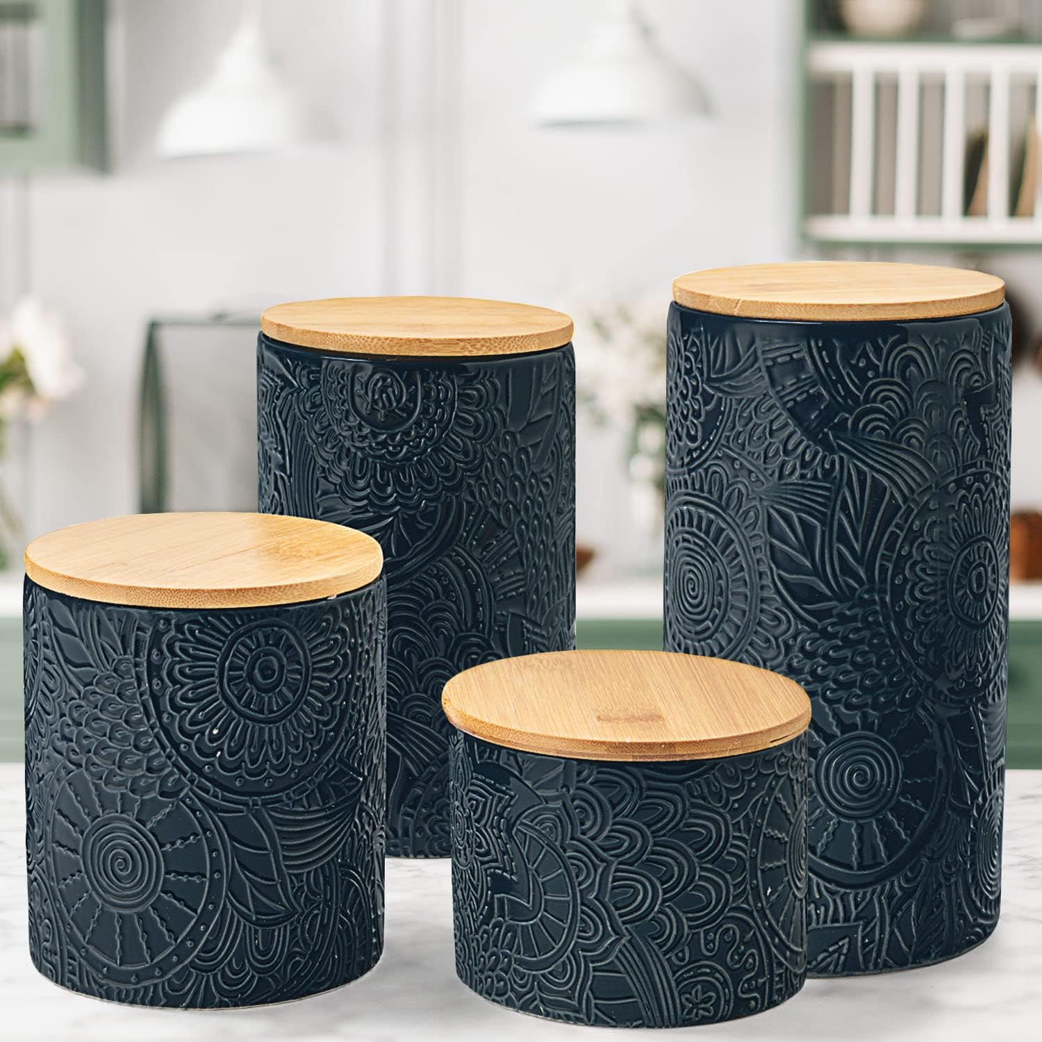 American Atelier Embossed Canister 4-Piece Ceramic Set Jar Container with Wooden Lids for Cookies, Candy, Coffee, Flour, Sugar, Rice, Pasta, Cereal & More - Image 4
