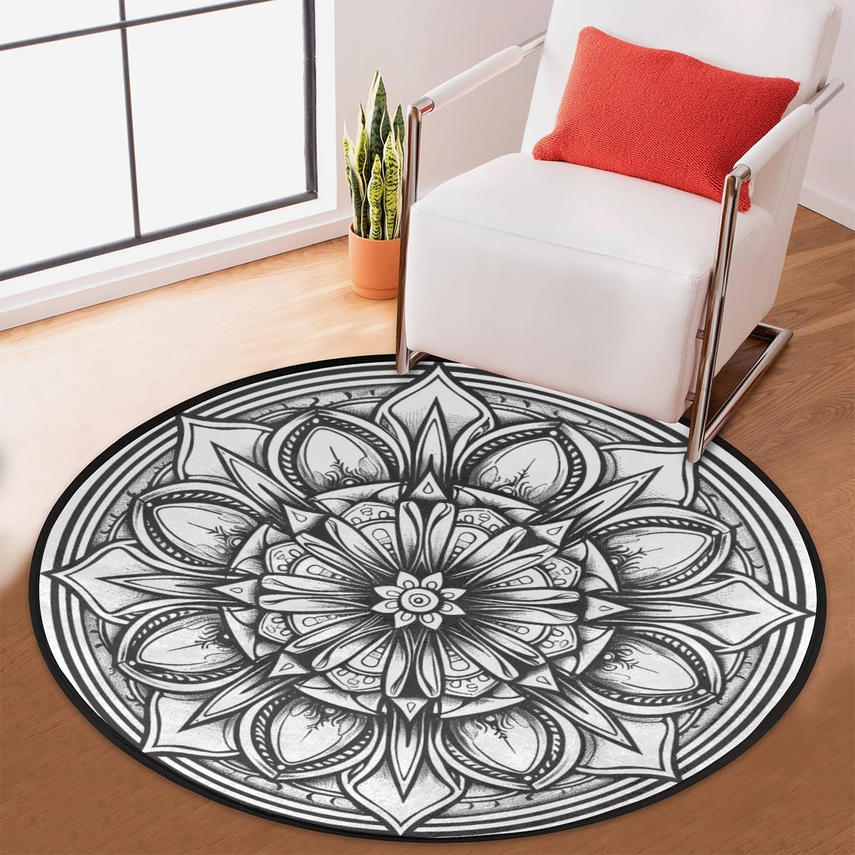 Round Rug 33.88in Indoor Circle Area Rug Vintage Mandala Flower Black Round Non Slip Washable Easy -Cleaning Soft Throw Rugs Floor Carpet for Farmhouse Living Room Bedroom Nursery Room Dining Room