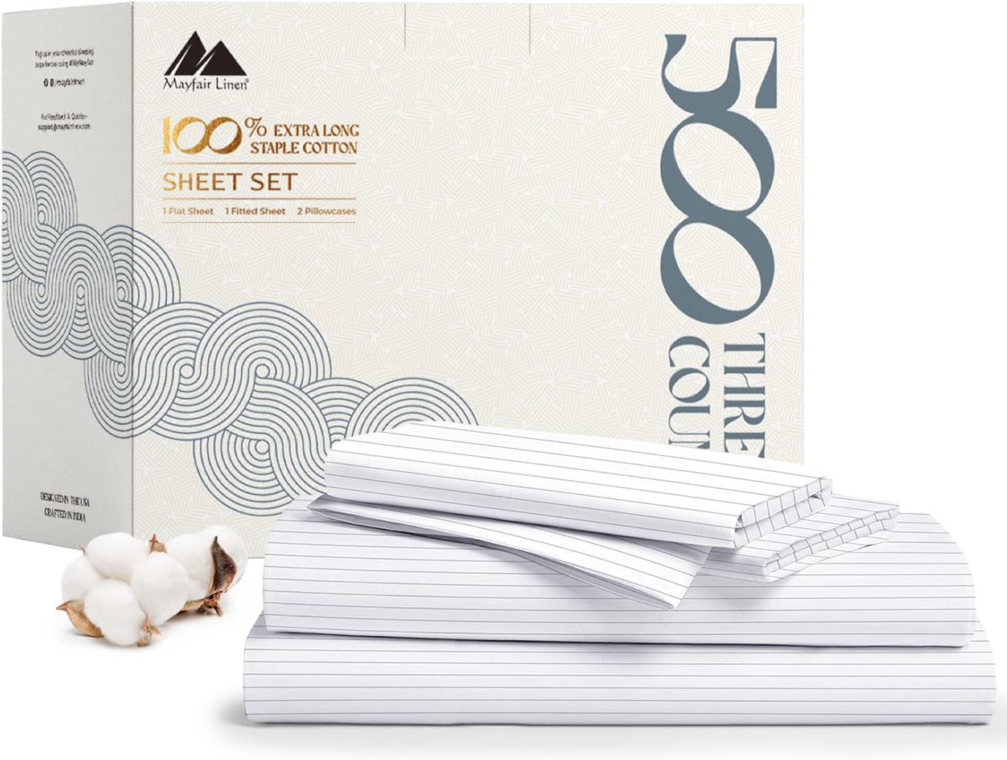 Mayfair Linen 100% Cotton Printed Bed Sheets Twin Size Set - 500 Thread Count Cotton Twin XL Sheets for Dorm Room, 3 PC Set (Pinstripe Light Grey), Soft, Cooling, Sateen Weave 16" Deep Pocket Bedsheet