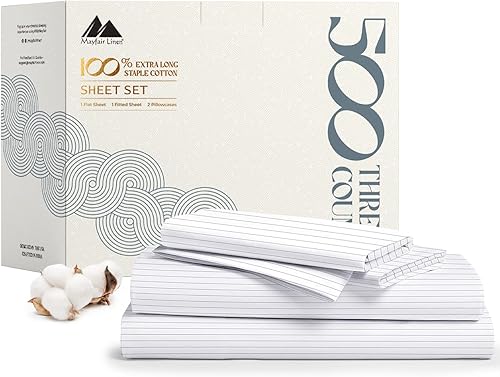 Miniatura 156 de Mayfair Linen Juego de sábanas de 100 % algodón a rayas, tamaño individual, sábanas de damasco de 500 hilos, tamaño individual, juego de 3 piezas