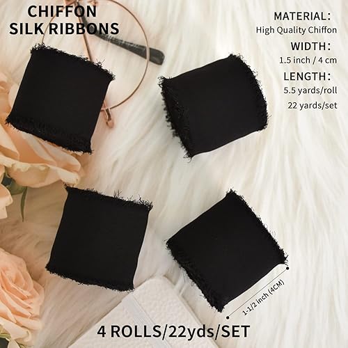 Miniatura 2 de TONIFUL - 4 rollos de cinta de gasa de seda de chifón con flecos hechos a mano, de 1.5 pulgadas de ancho, color negro, 22 yardas, para invitaciones