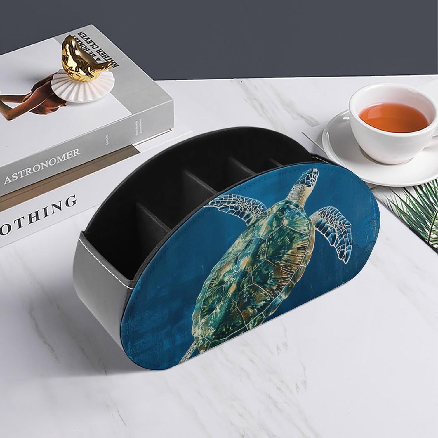 Remote Control Holder PU Leather Remote Caddy with 5 Compartment TV Remote Holder A Sea Turtle Swimming Remote Box Remote Control Organizer Pen Holder for Desktop Organizers