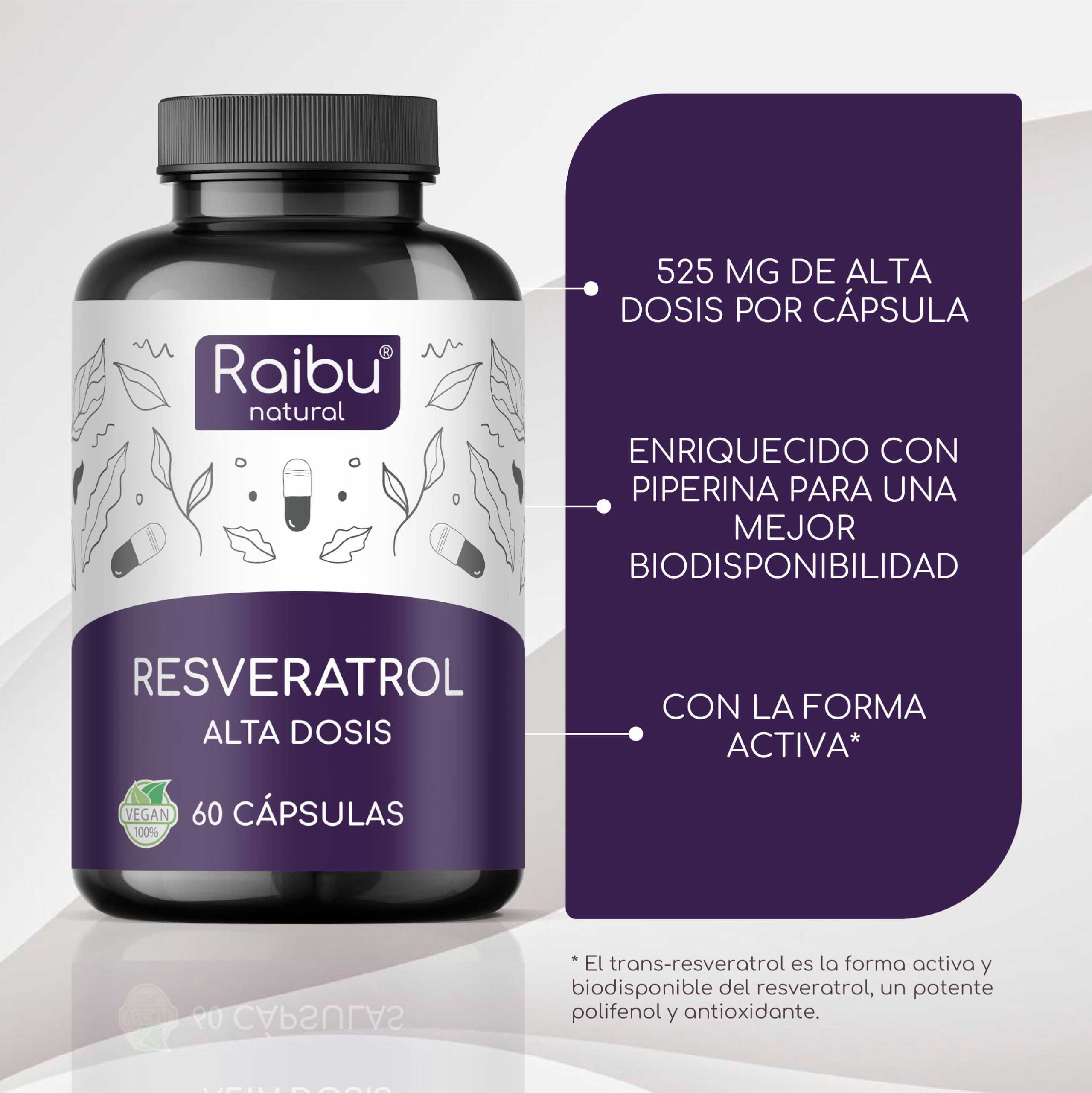 Resveratrol Alto en Dosis - 525 mg de Trans Resveratrol por Cápsula (de un 98% de Fallopia Japonica) - Máxima Absorción con Piperina - Vegano, Sin Aditivos - Antioxidante & Antiedad, 60 Cápsulas