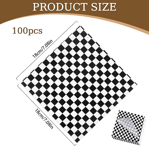 Miniatura 2 de 100 hojas de papel de comida para alimentos, hojas de papel de cera seca, a cuadros en blanco y negro, 7.1 x 7.1 pulgadas, hojas de papel de
