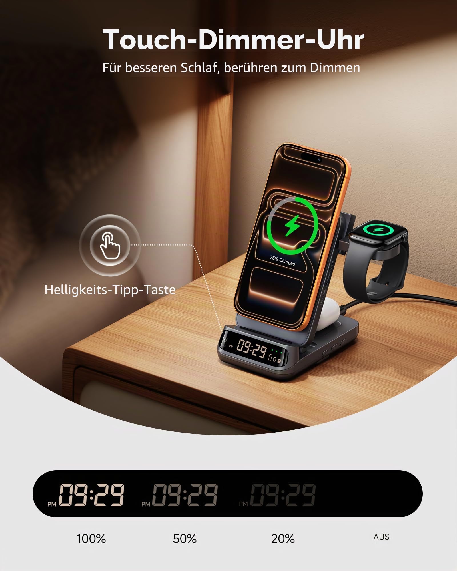 25W 3 in 1 Wireless Charger Stand, Kompatibel mit MagSafe, Klappbares Magnetisches Ladestation mit Uhr für iPhone 17/16/15 Serie, für Apple Watch und für Air Pods, SwanScout 708M-25W