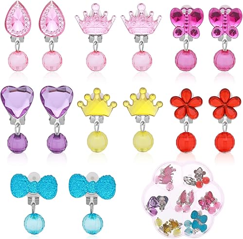 Grevosea Juego de 7 pares de aretes de clip para niñas, joyería para niñas, aretes de vestir y aretes de princesa para niños, diseño sin