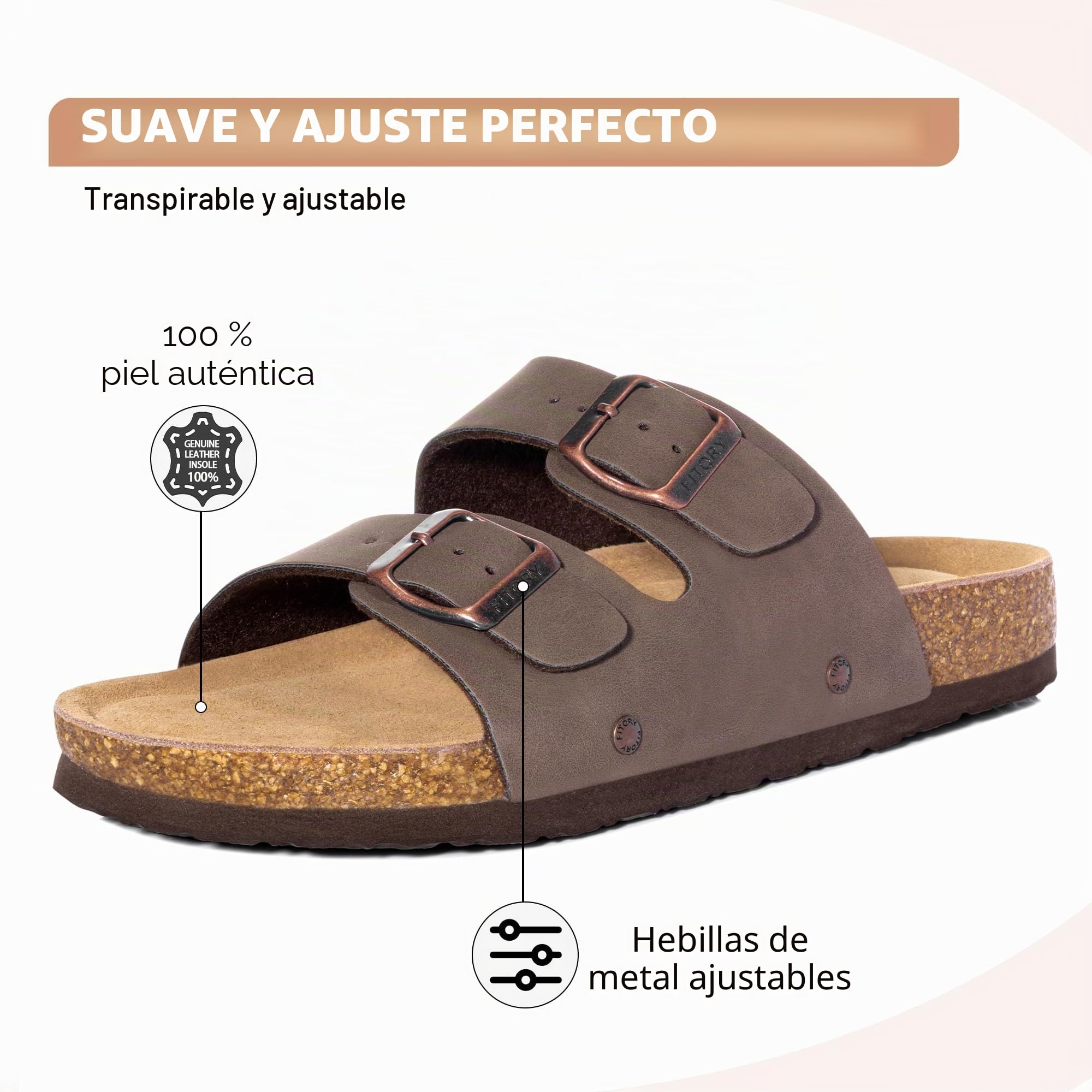 FITORY Sandalias Mujer Planas con Plantilla de Corcho | Chanclas Ajustables Slip-On de Punta Abierta | Tallas 37-43