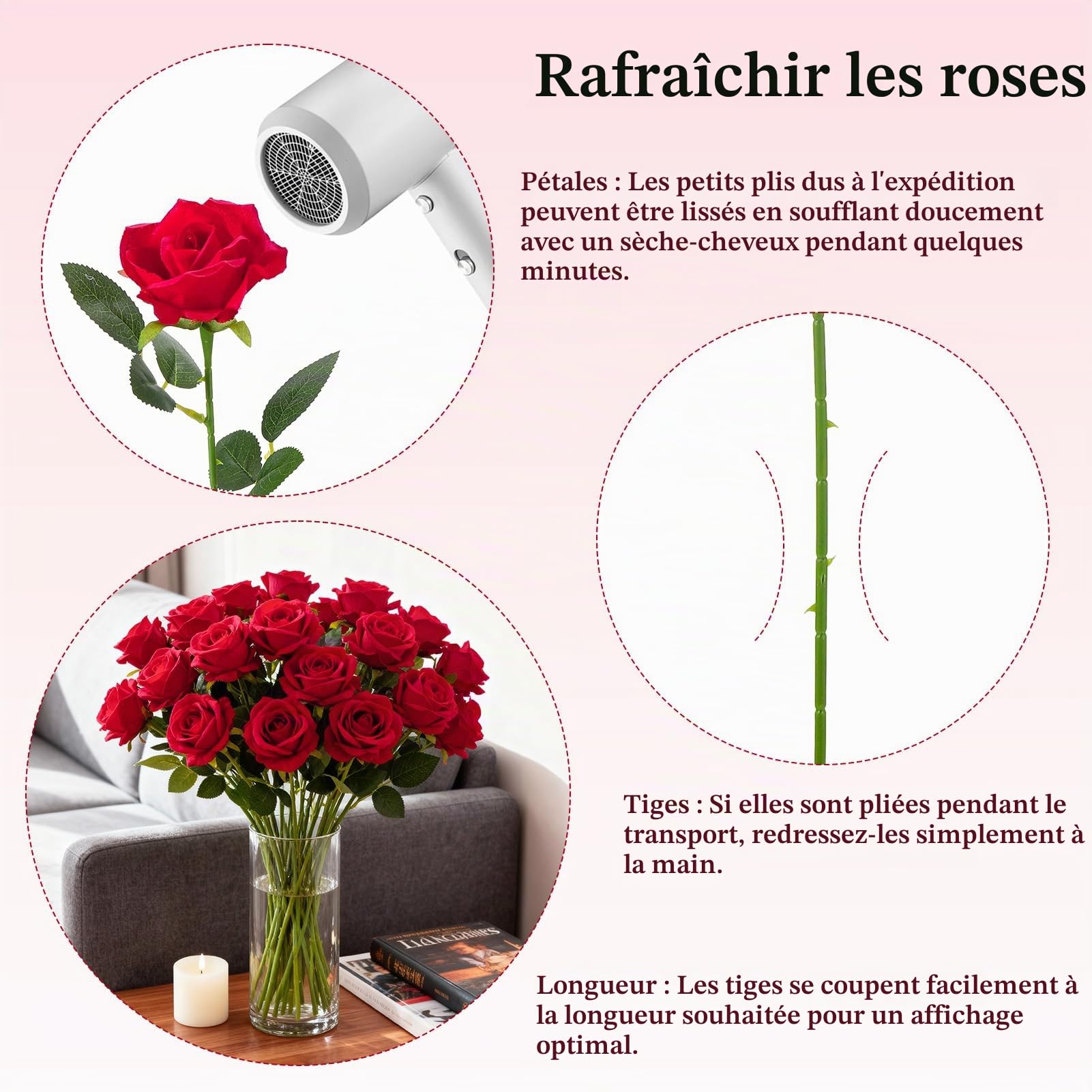 50Pcs Rouges Roses Fleurs Artificielles avec Tige DIY,pour Mariage
