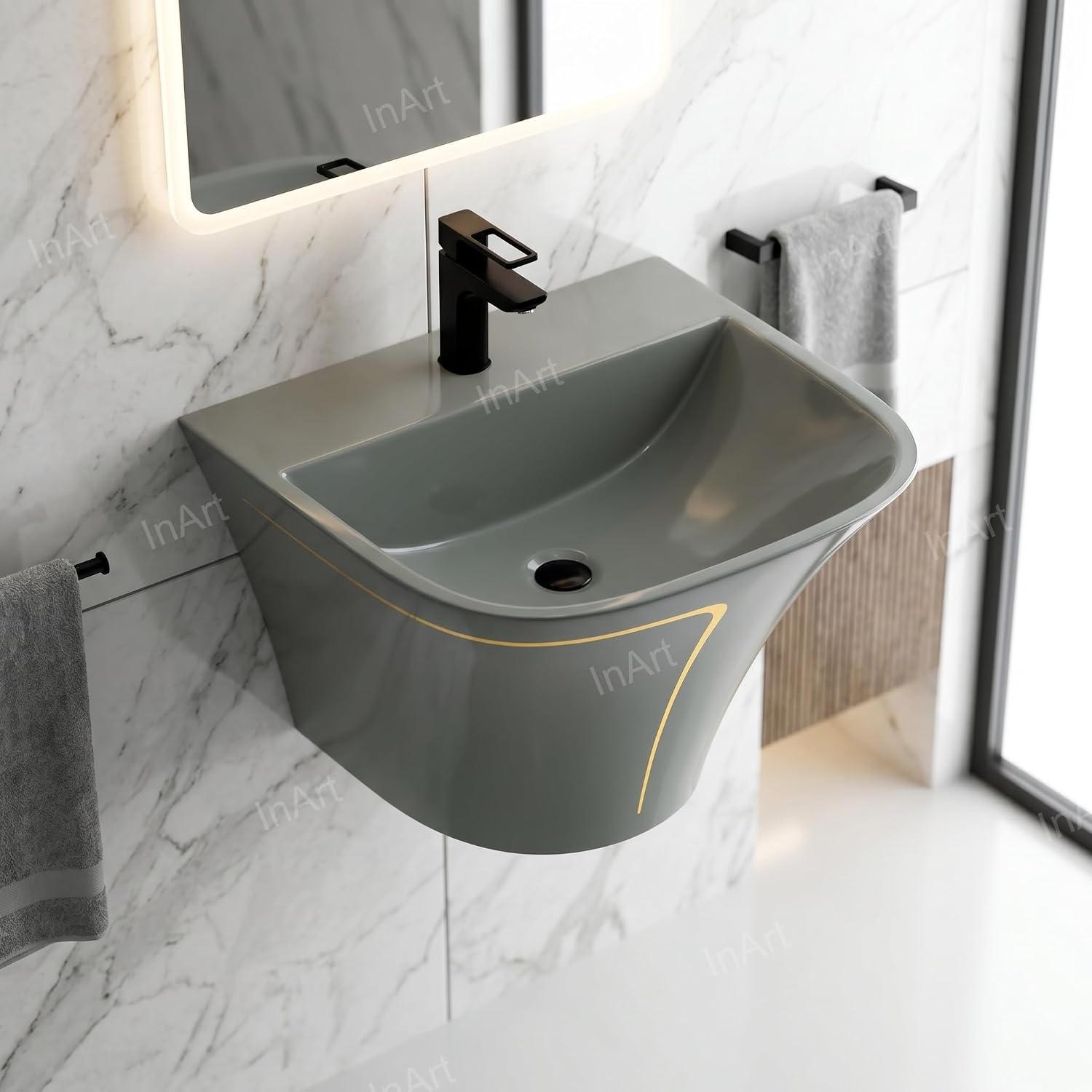 InArt Slim Rim Rectangular Grey Glossy Ceramic Vessel Sink, Wall Mounted Half Pedestal Bathroom Basin, Space-Saving Designer Look, 21.3 W x 17.3 D x 15.4 H in