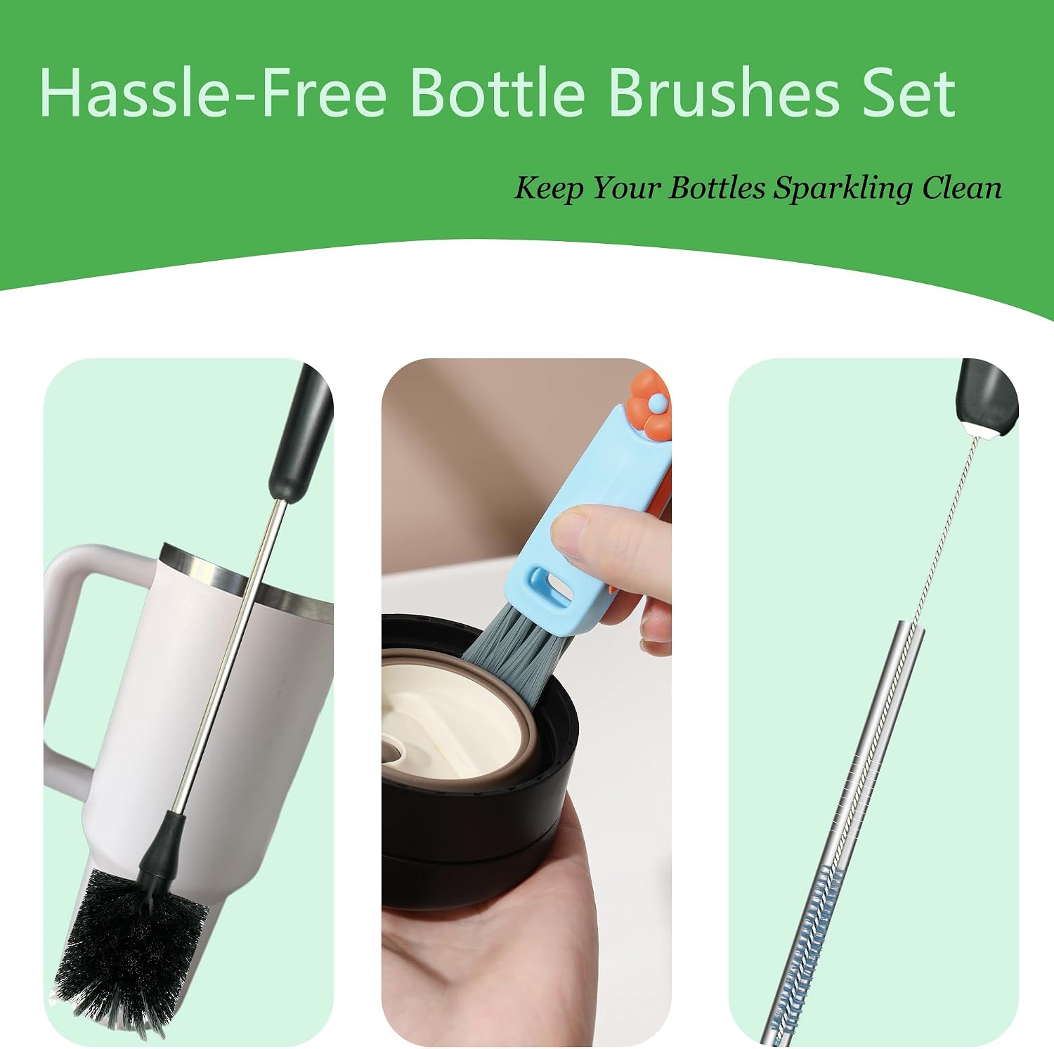 3 Pack Bottle Brush, 15 Inches Long Handle Water Bottle Cleaner Brush Set, Stainless Steel Cleaning Brushes with Straw Brush & Lid Cleaner for Sports Water Bottles, Baby Bottles, Mugs, Cups, Glassware