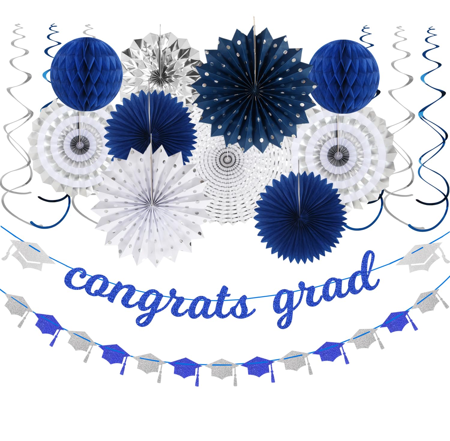 Navy-blue Silver Party-Decorations Graduation Banner-Streamers - 18pcs Kits 2026 Congrate Grad Garland,Congratulations Paper Tissue Pom Poms Fan,Honeycomb Lanterns Decor Panduola