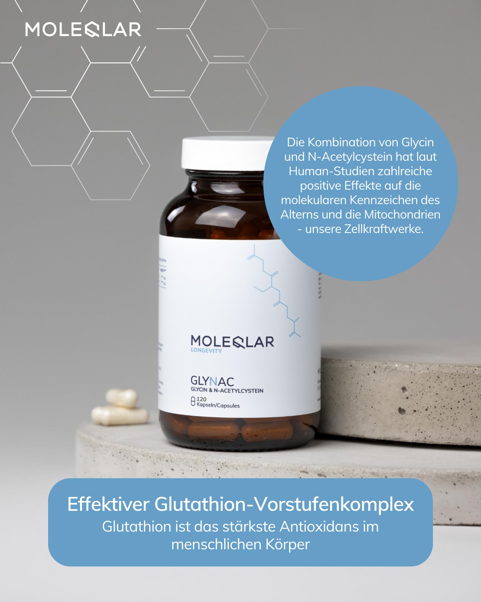 MoleQlar GlyNAC Kapseln 120 Stück - 600mg Glycin & 600mg NAC (N-Acetyl-Cystein) pro Portion - Glutathion Vorläuferkomplex - vegan & glutenfrei - Zertifiziert in DE