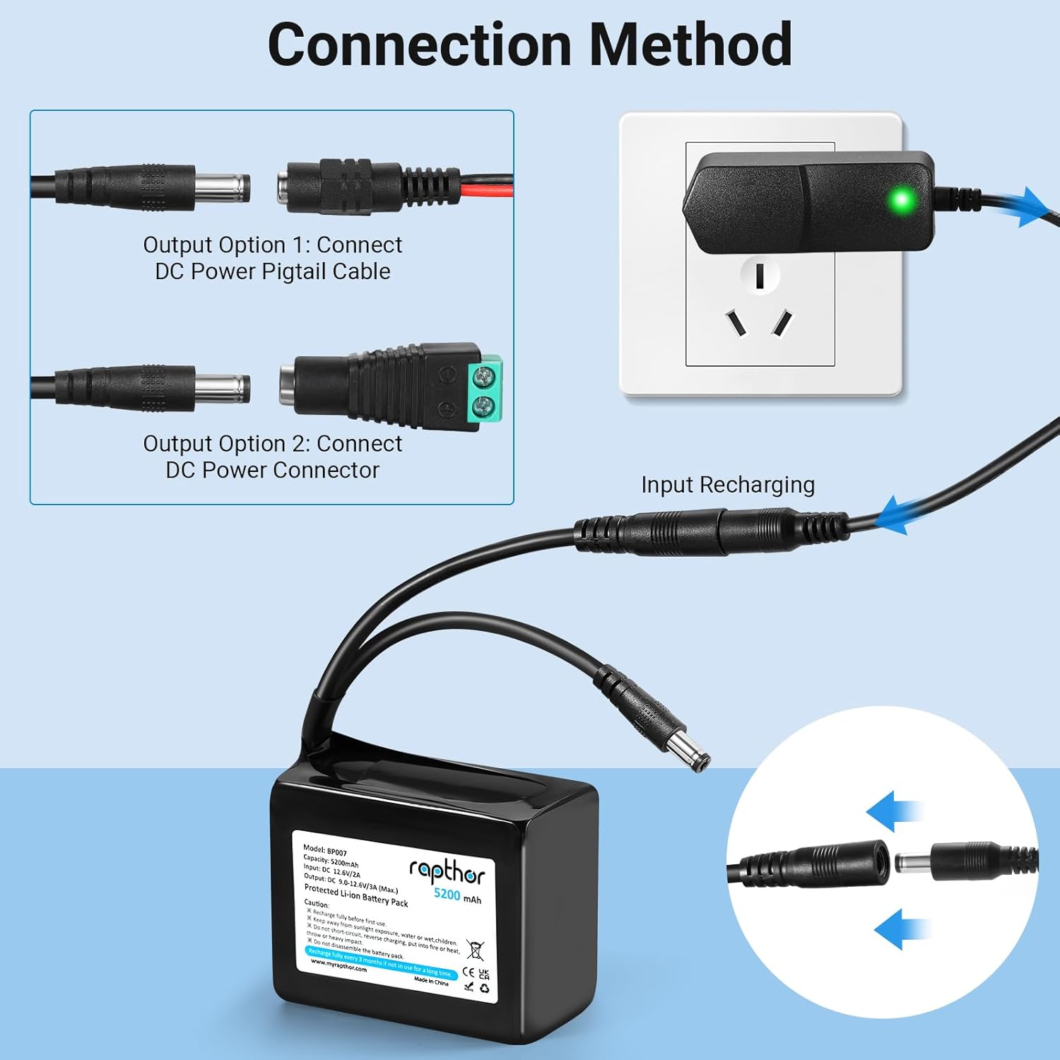 rapthor Rechargeable 12V 5200mAh Lithium ion Battery Pack with 12.6V 2A Fast Charger and DC5521 Port for 12V Devices, DIY Project, Router, Radio, LED Light Strip, CCTV Camera, Telescope etc - Image 5