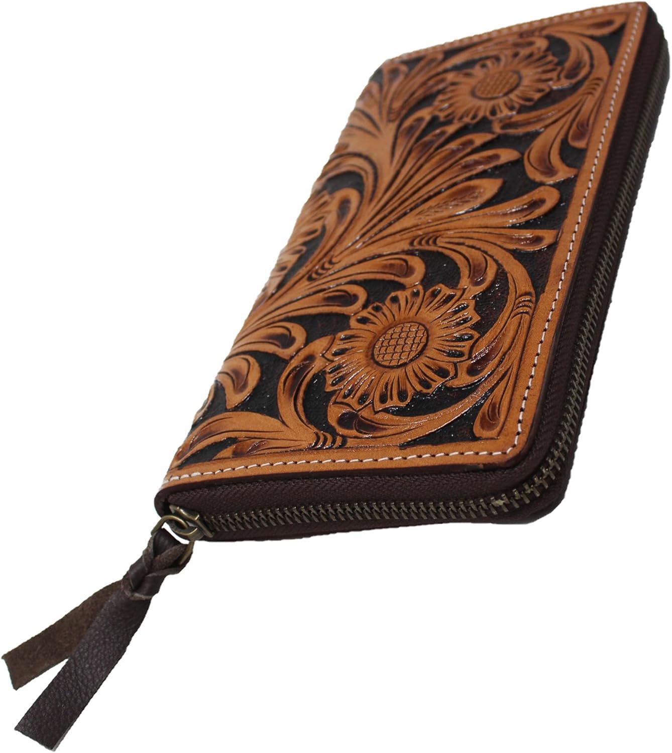 CHALLENGER Women's Western Painted Floral Tooled Leather Buckstitch Zippered Wallet Clutch 18FKW95C