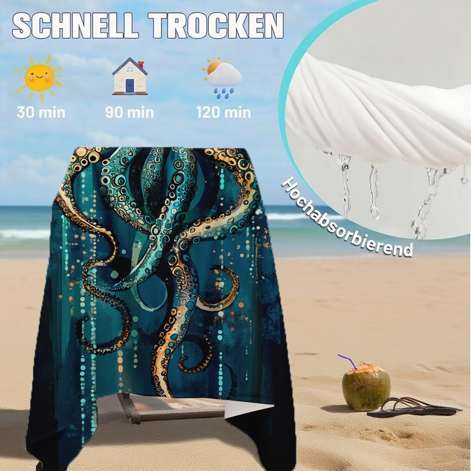 Mikrofaser Strandtuch 180x100 cm, Strandtuch Oktopus Sandfrei, Schnelltrocknendes und Strand Sonnenschutz Funktion Mikrofaser Handtuch groß für Badezimmer Strand Schwimmen Camping Strand Zubehör Q-309
