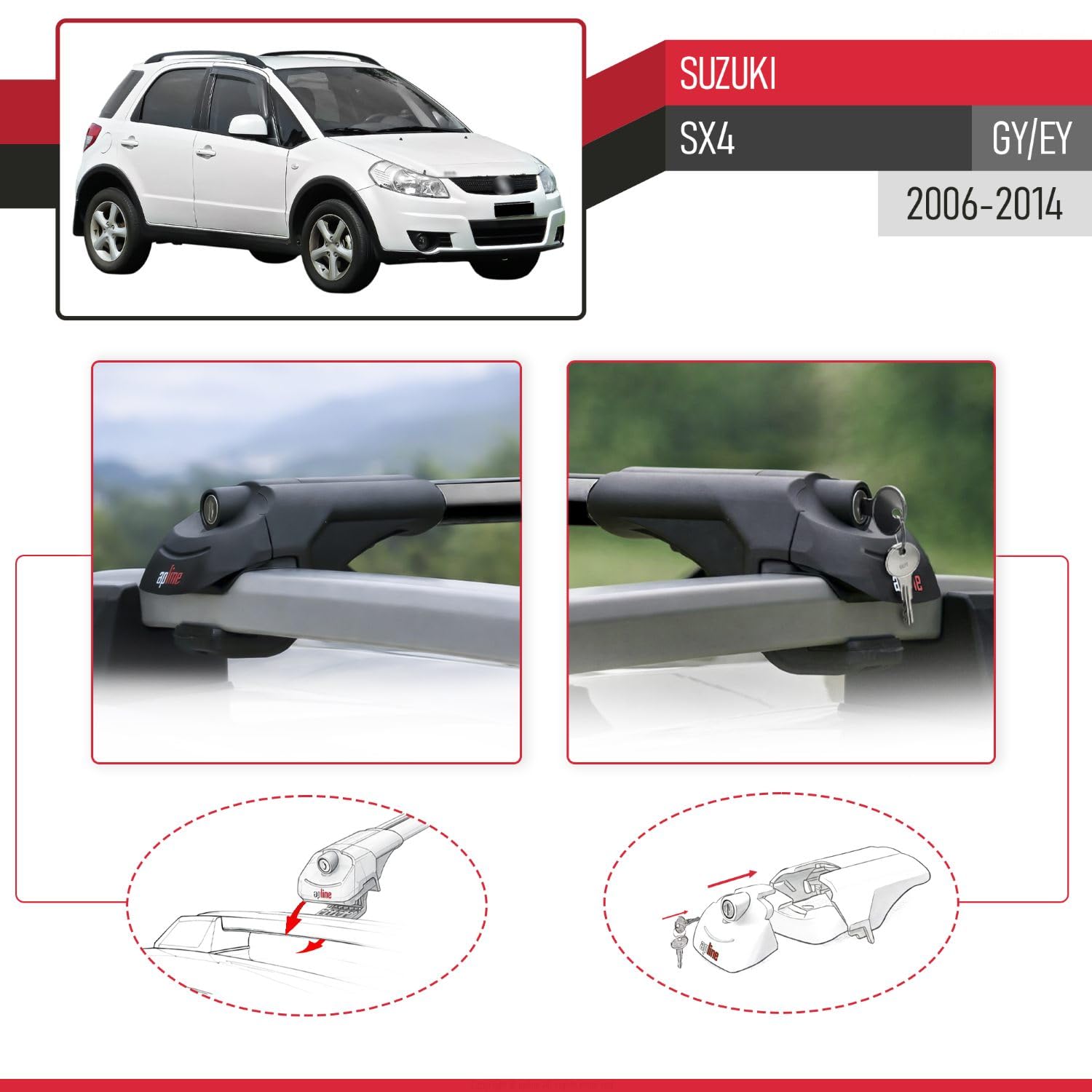Compatibile con Suzuki SX4 (GY/EY) 2006-2014 Modello ACE-1 Barre Tetto Portapacchi Auto Barre Portatutto Nero Alluminio 2 Barre
